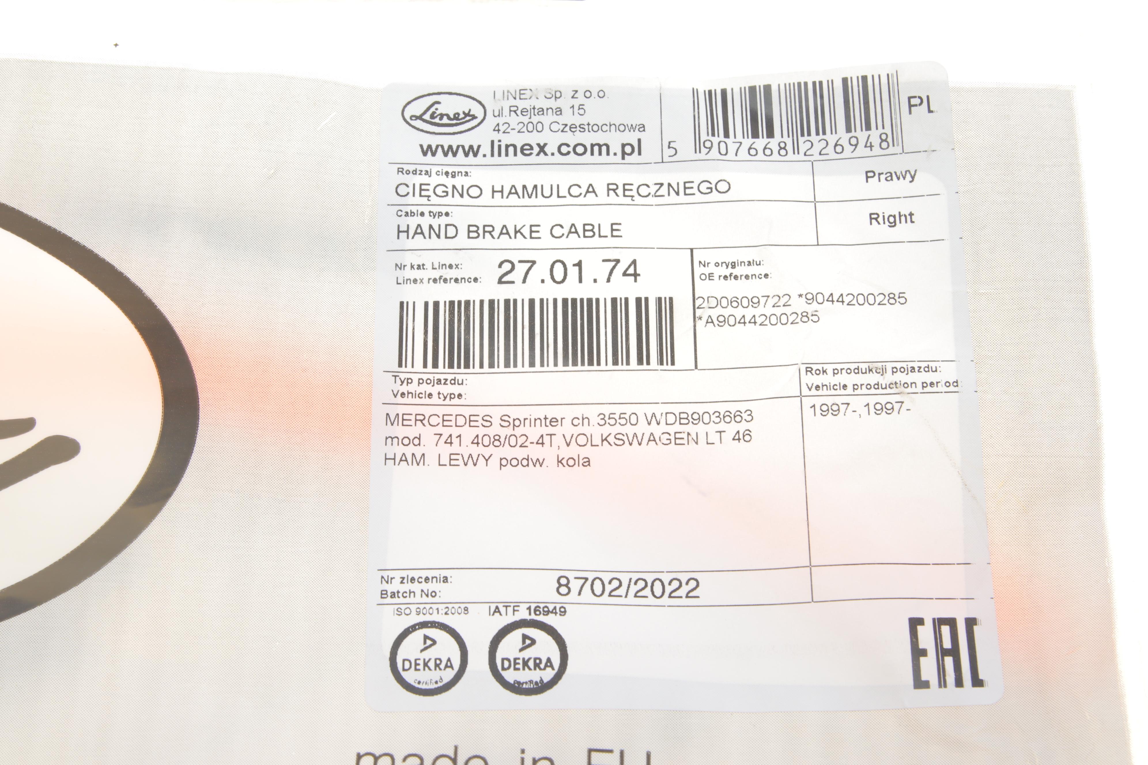 Трос ручника (R) MB Sprinter 408-416/VW LT 46 96-