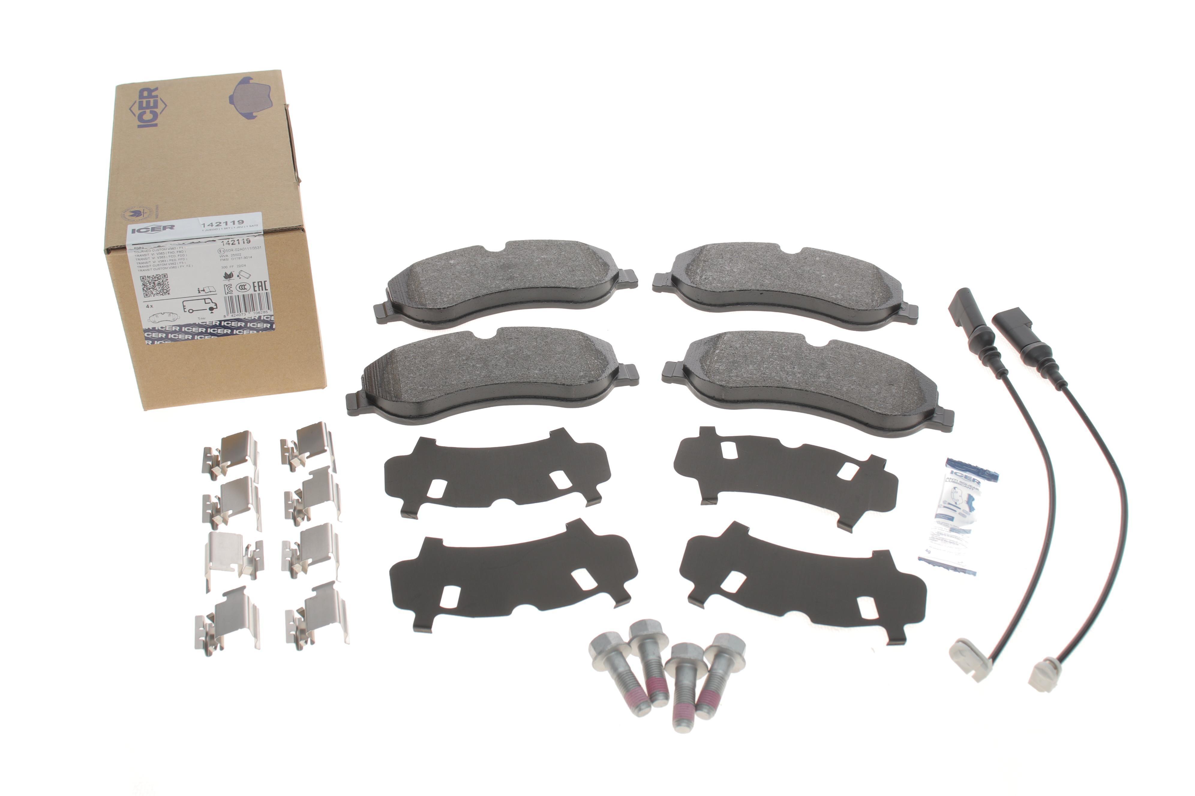 Колодки гальмівні (передні) Ford Transit Custom/Tourneo Custom V362 12-/Transit V363 13- (+датчики)