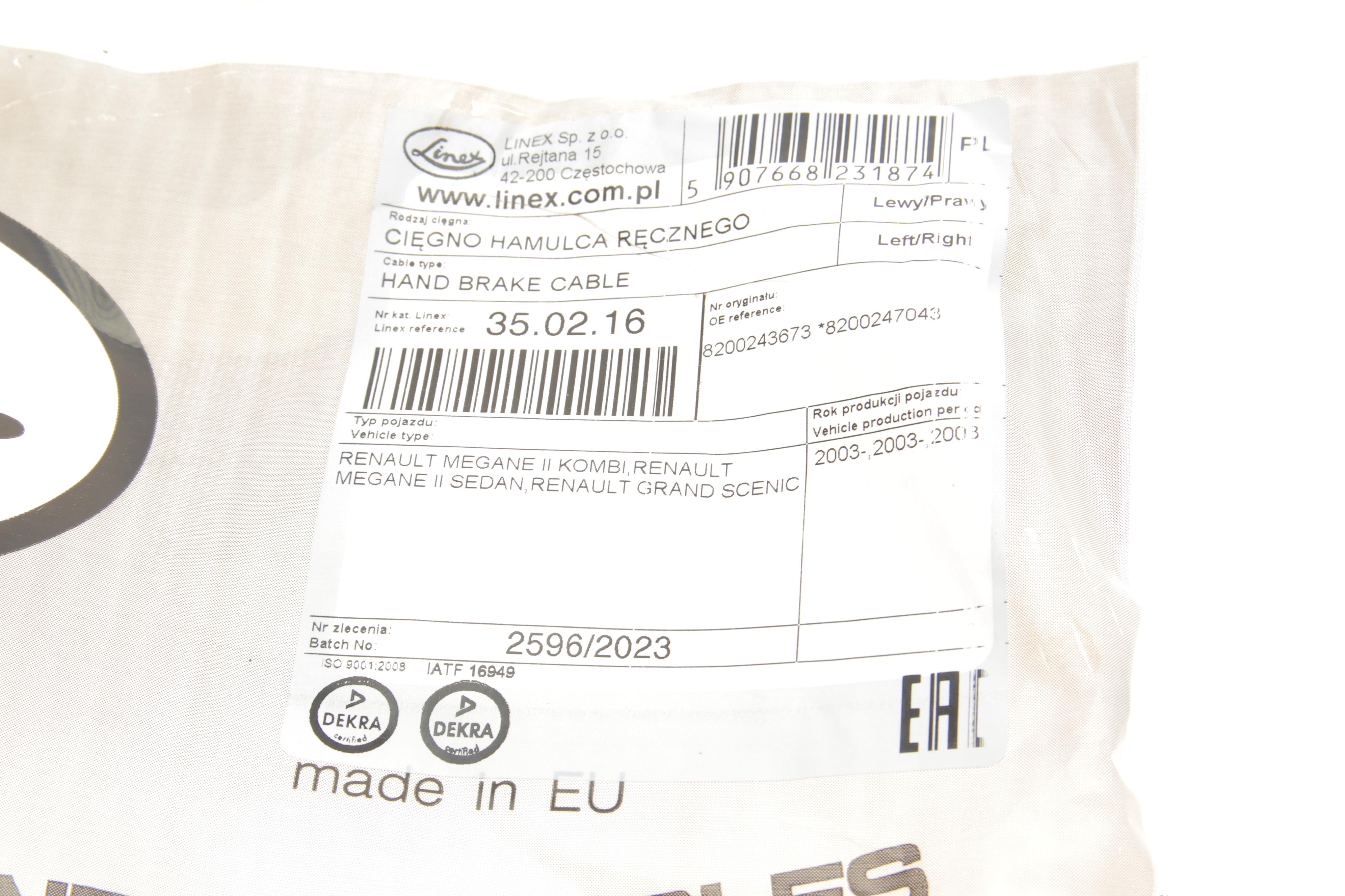 Трос ручника (задній) Renault Scenic II/Megane II 1.5dCi/1.9dCi 03- (2070/1080)