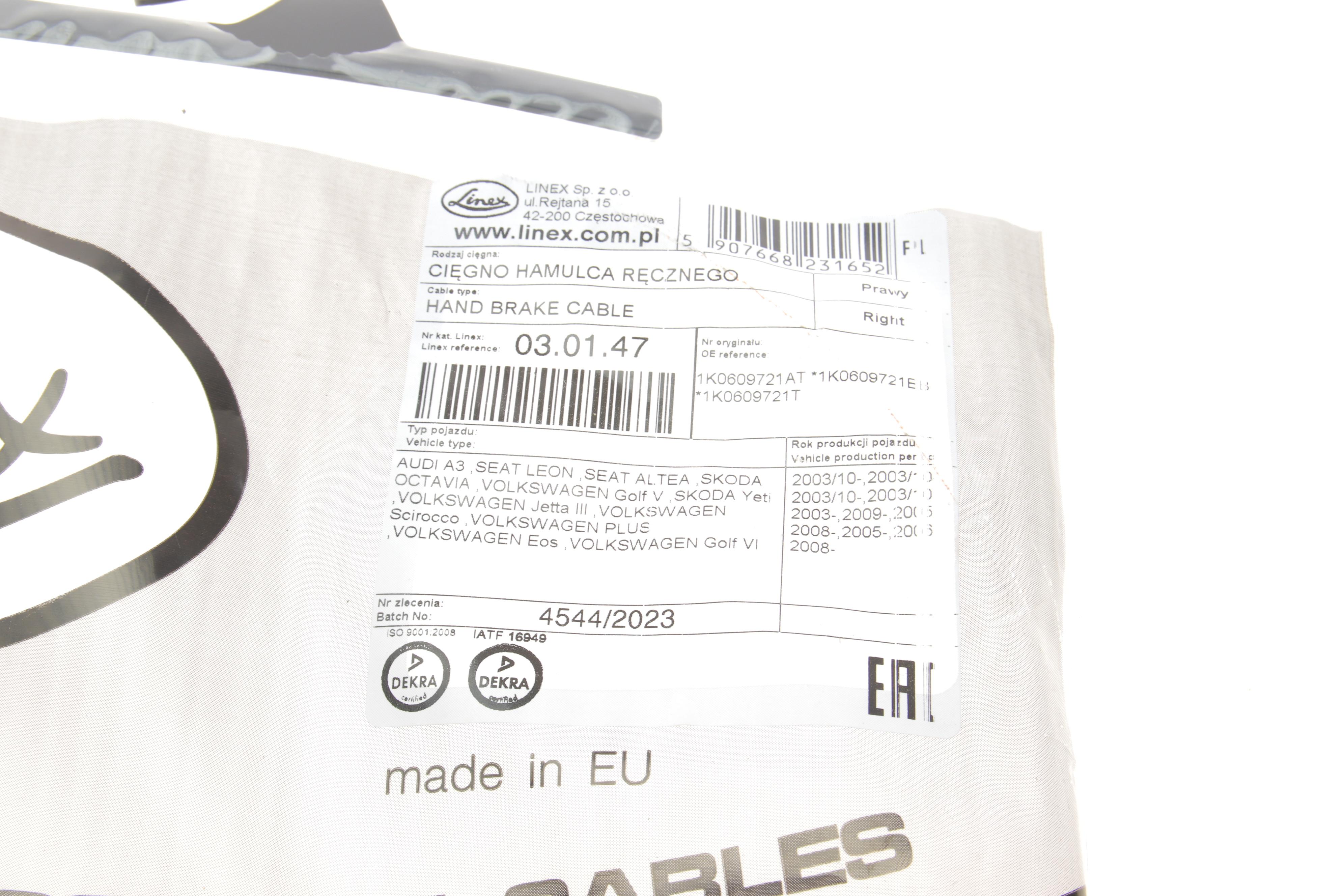 Трос ручника (задній) (R) Audi A3/Seat Leon/Skoda Octavia/VW Golf 03- (1443/805mm)