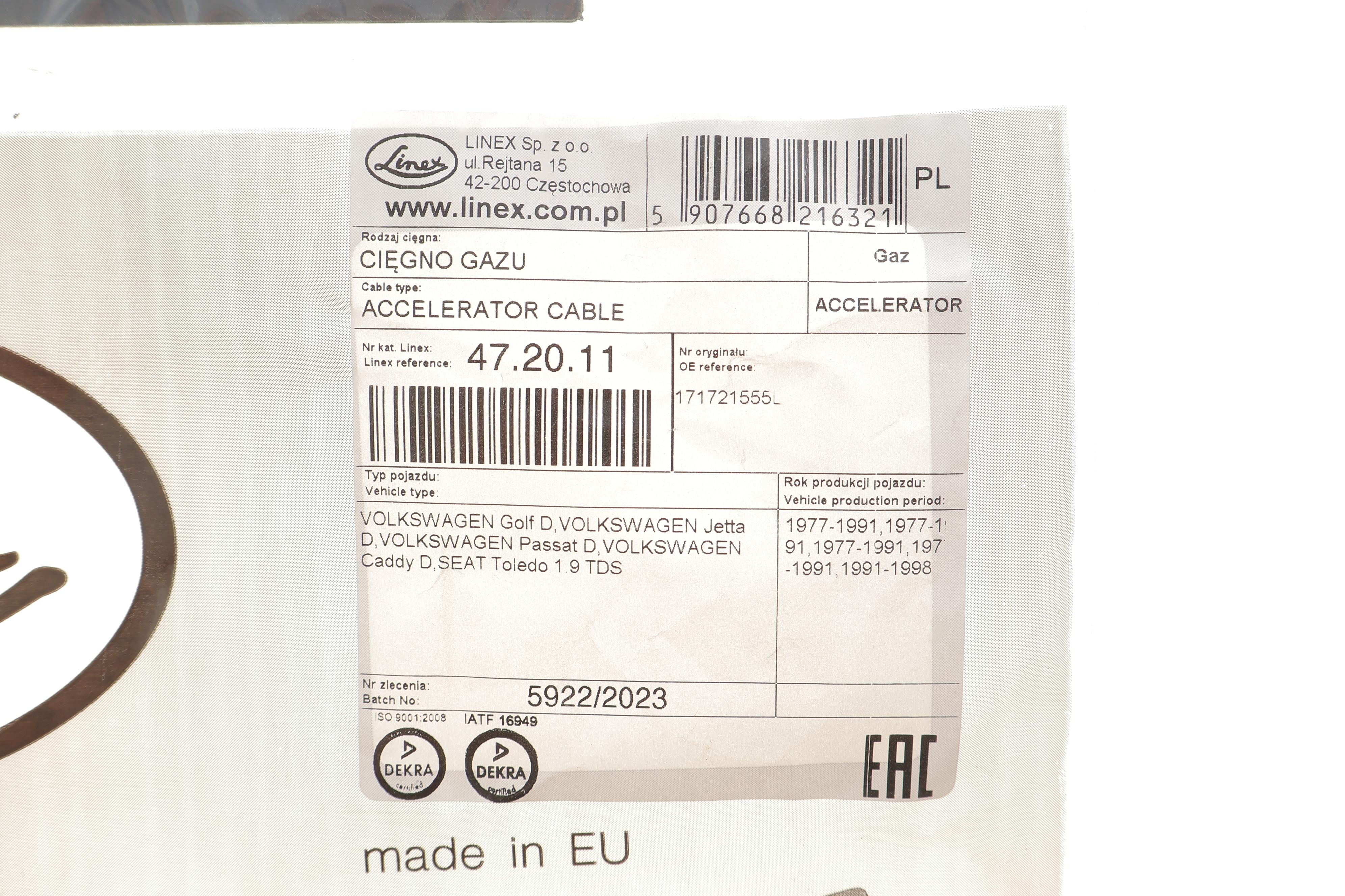 Трос газу VW Golf II/Caddy/Seat Toledo 1.6D/1.9D 80-92 (915/705 мм)