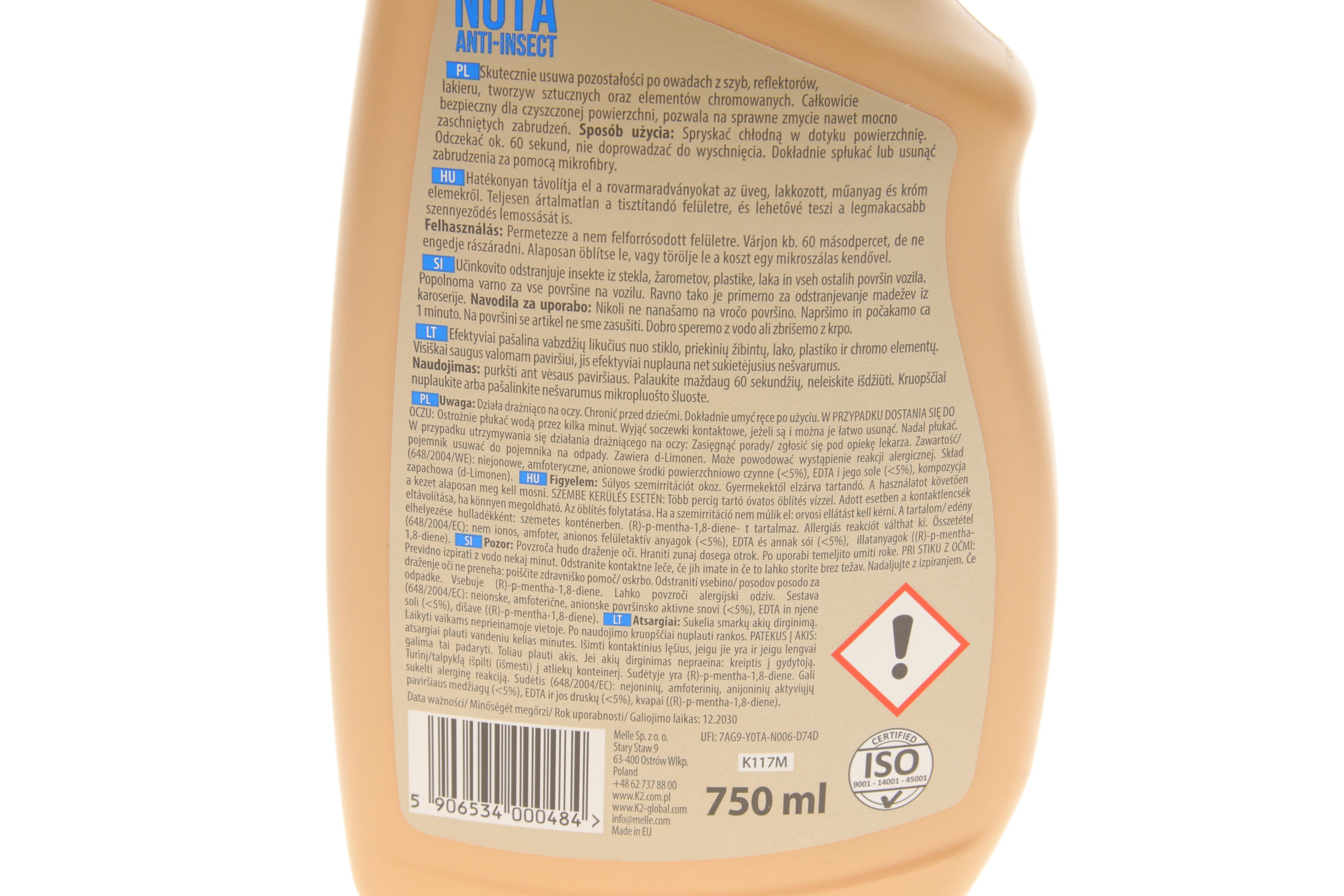 Засіб для очищення автомобільних скла і фар від залишків комах Nuta Anti-insect (770ml)