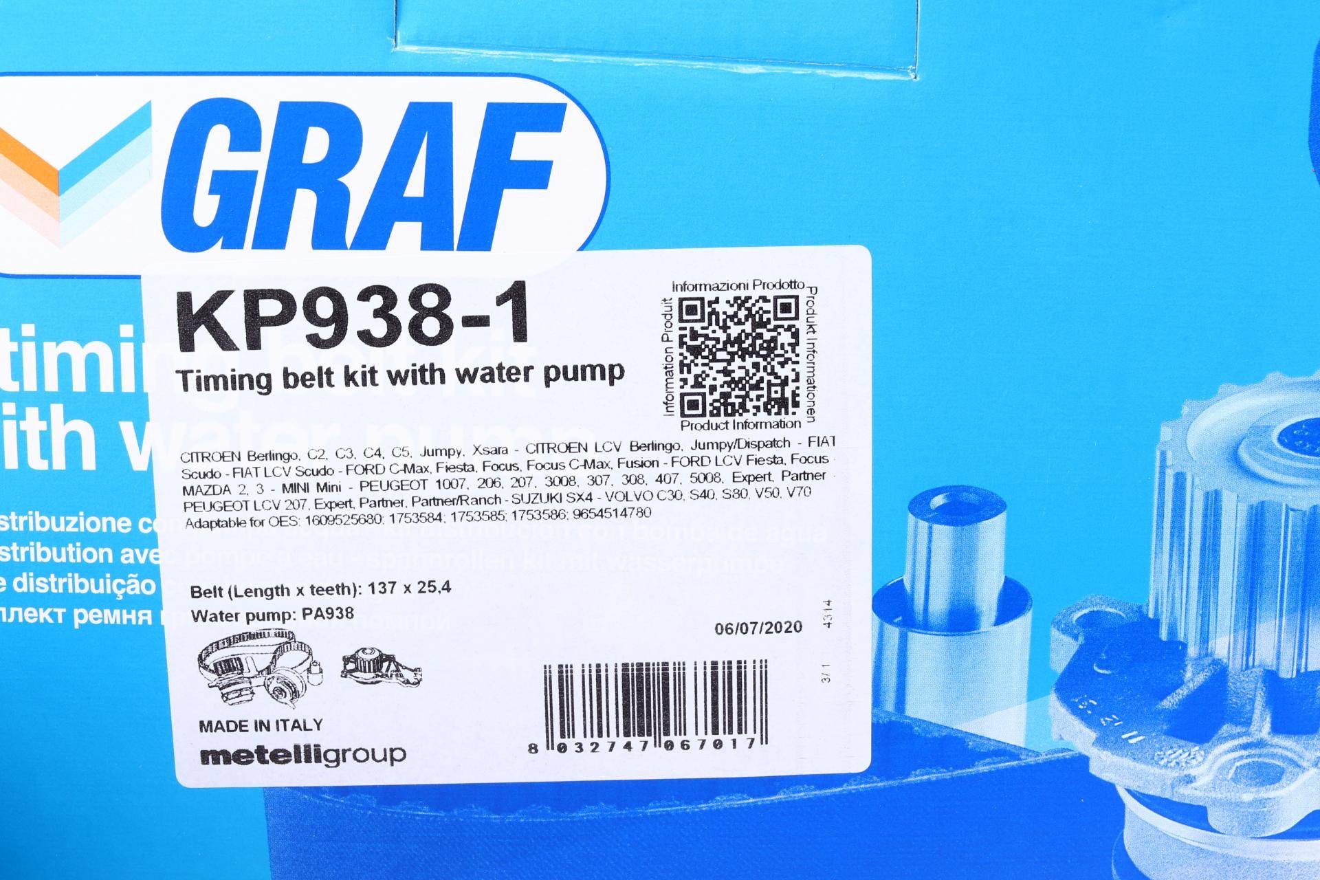 Комплект ГРМ + помпа Citroen/Peugeot 1.6HDI/Fiat Scudo/Mazda 1.6D/Ford 1.6TDCi 07- (137x25.4)(PA938)