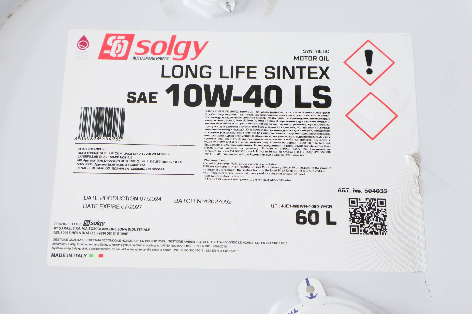 Олива 10W40 LONG LIFE SINTEX LS (60L) (MB 228.51/MB 228.31/ACEA E4/E6/E7/E9)