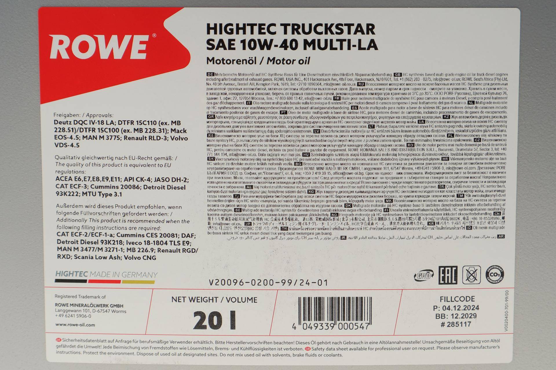 Олива 10W40 HIGHTEC TRUCKSTAR MULTI-LA (20L) (ACEA E6/E7/E9/API-CK/MB 228.51/Volvo VDS-4.5/Renault RLD-3)