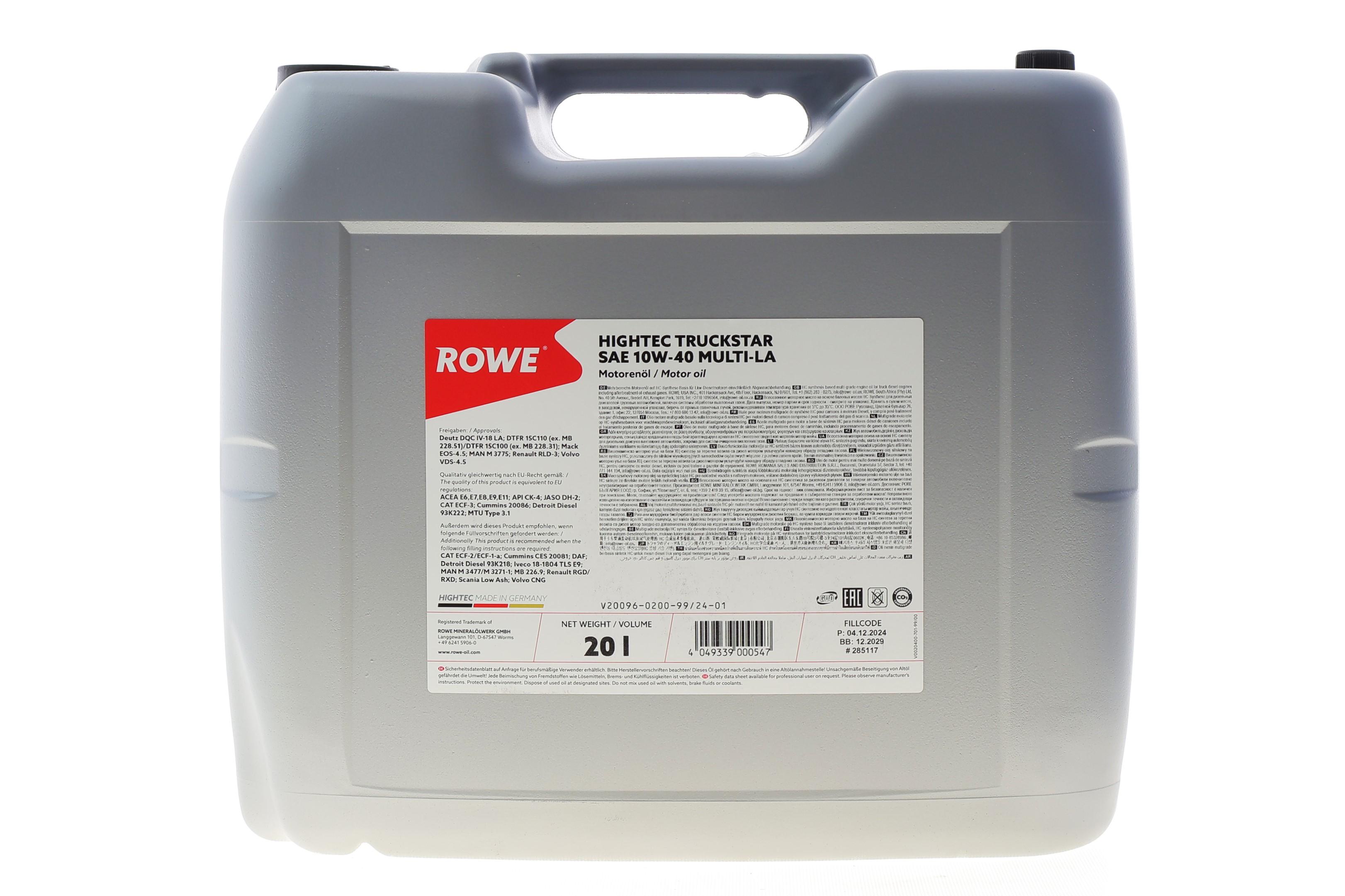 Олива 10W40 HIGHTEC TRUCKSTAR MULTI-LA (20L) (ACEA E6/E7/E8/E9/E11) (MB 226.9)