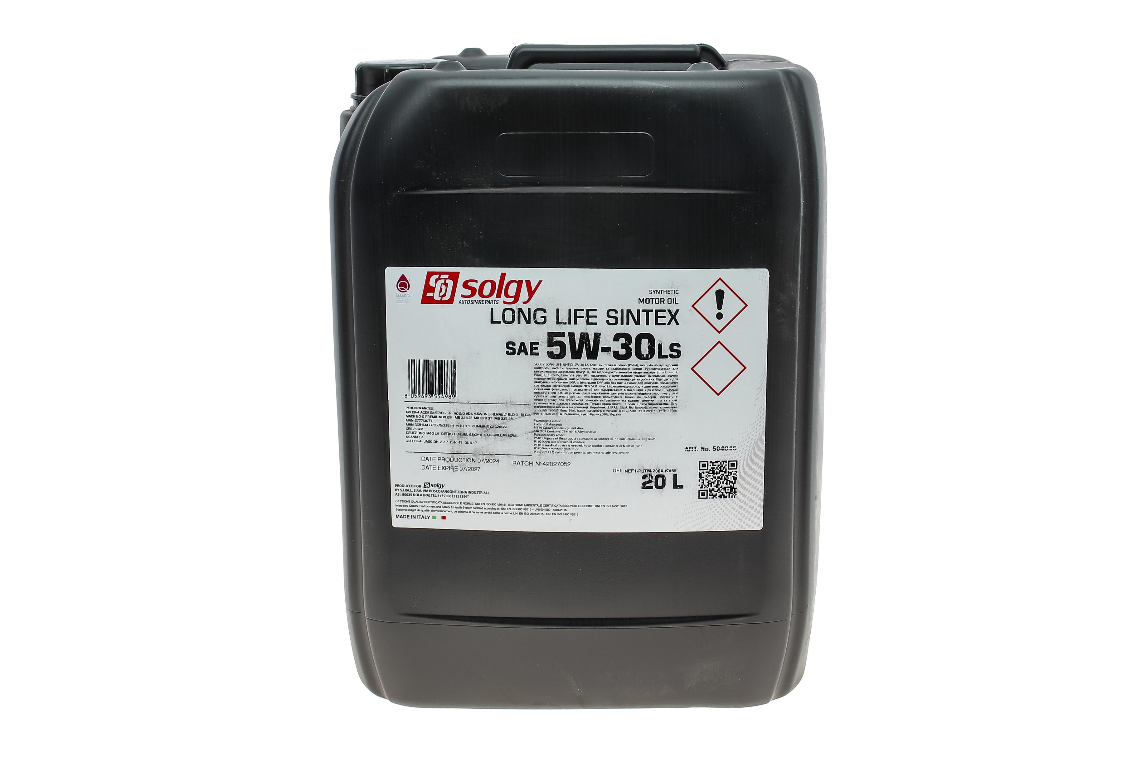 Олива 5W30 LONG LIFE SINTEX LS (20L) (MAN M3477/MB 235.28/Volvo VDS-4/VDS-3/RENAULT RLD-3/RLD-4)