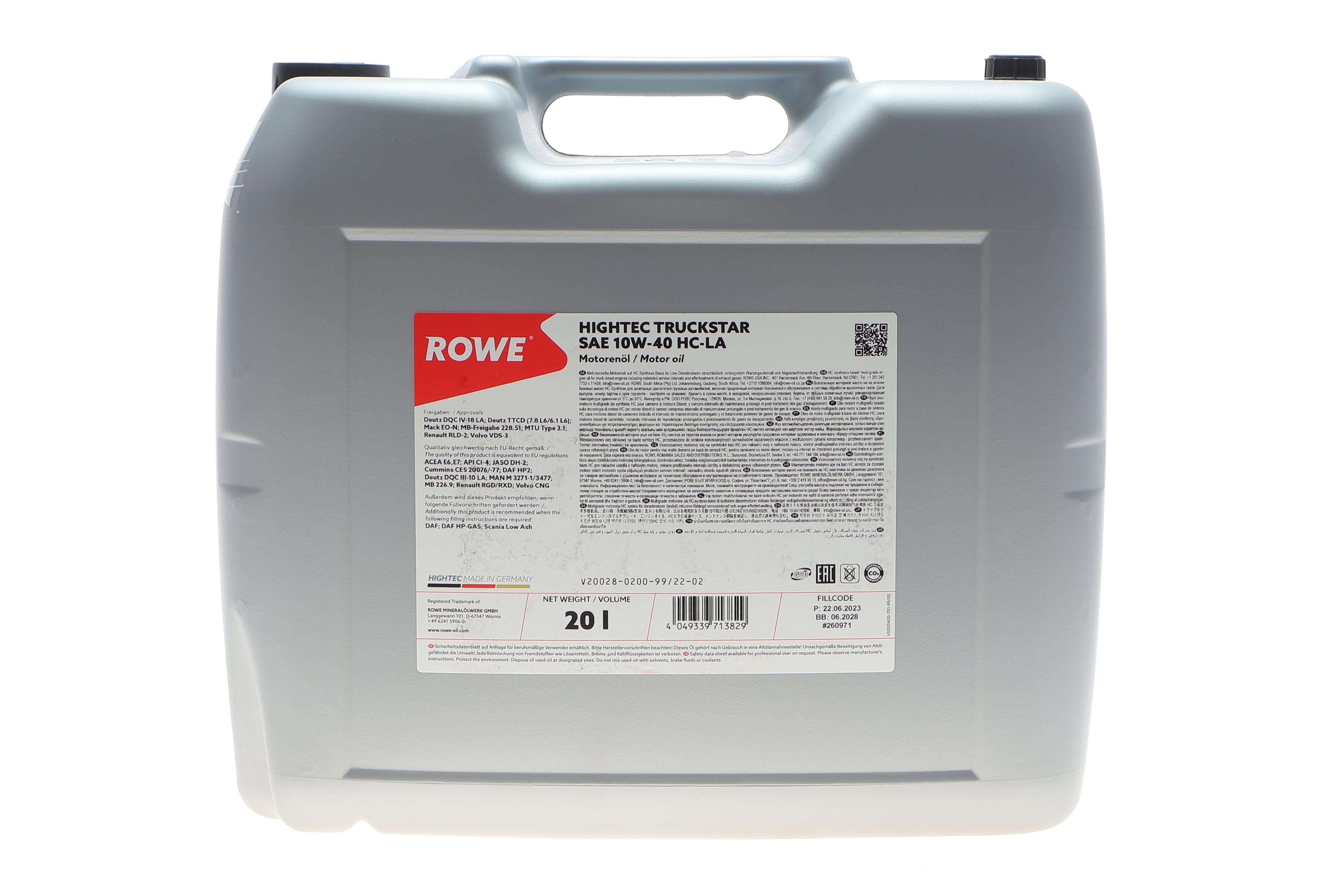 Олива 10W40 HIGHTEC TRUCKSTAR HC-LA (20L) (MB 228.51/MTU TYPE 3.1/MAN 3271-1/3477/VOLVO VDS-3) заміна на 20096-2000-99