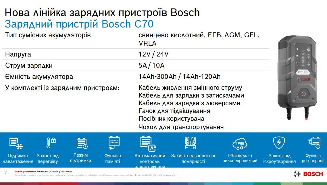 Зарядний пристрій C70 (12V/24V) (14Ah до 300Ah) 10A (EFB/GEL/VRLA/AGM) з підтримкою заряду