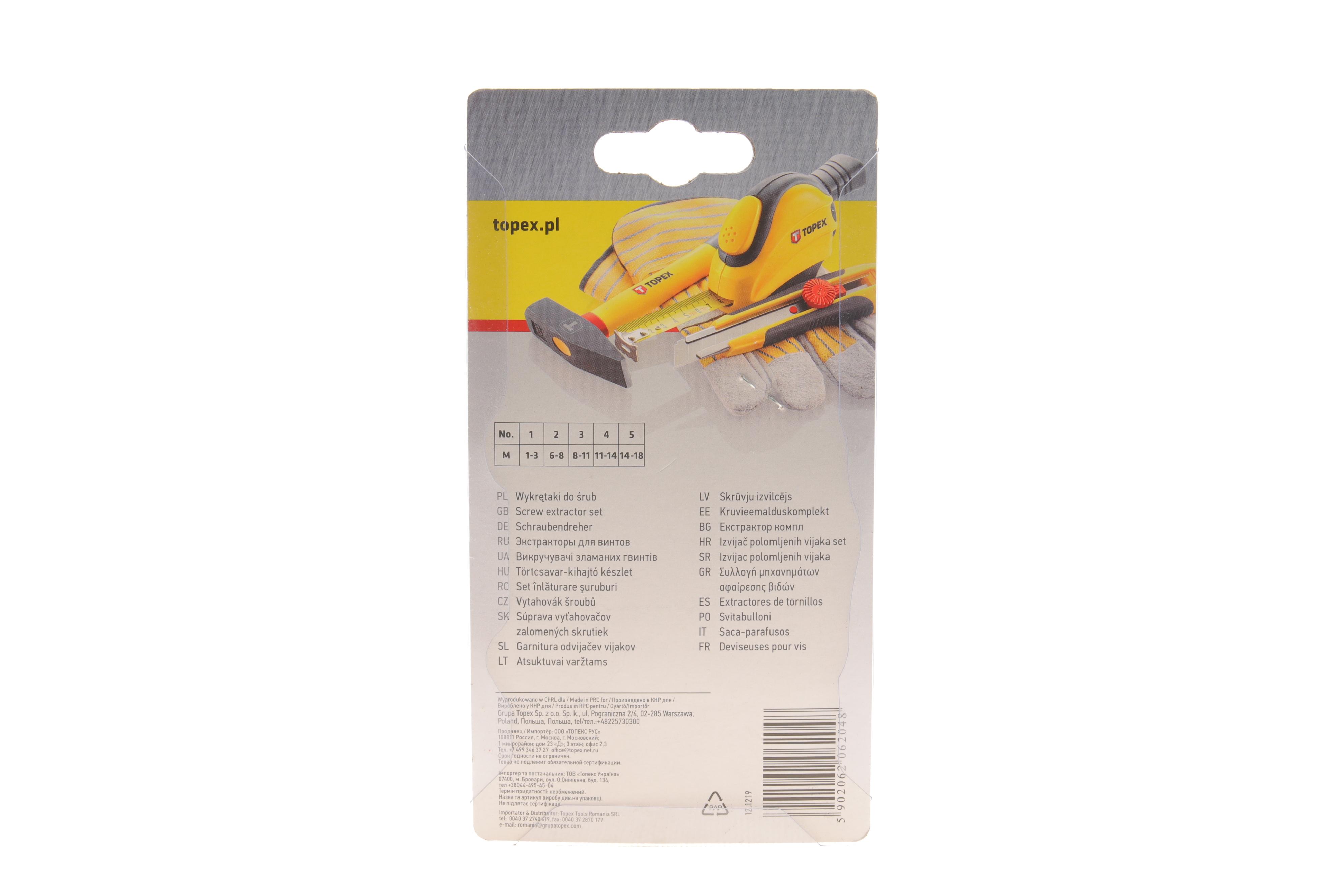 Набір екстракторів для вилучення зламаних/пошкоджених болтів/шпильок (5шт) M3-M18