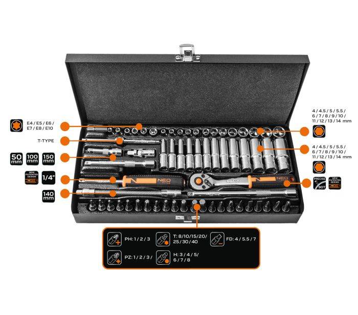 Набір інструментів комбінований 1/4" (головки, головки зі вставкою) 63 од. (хромовані)