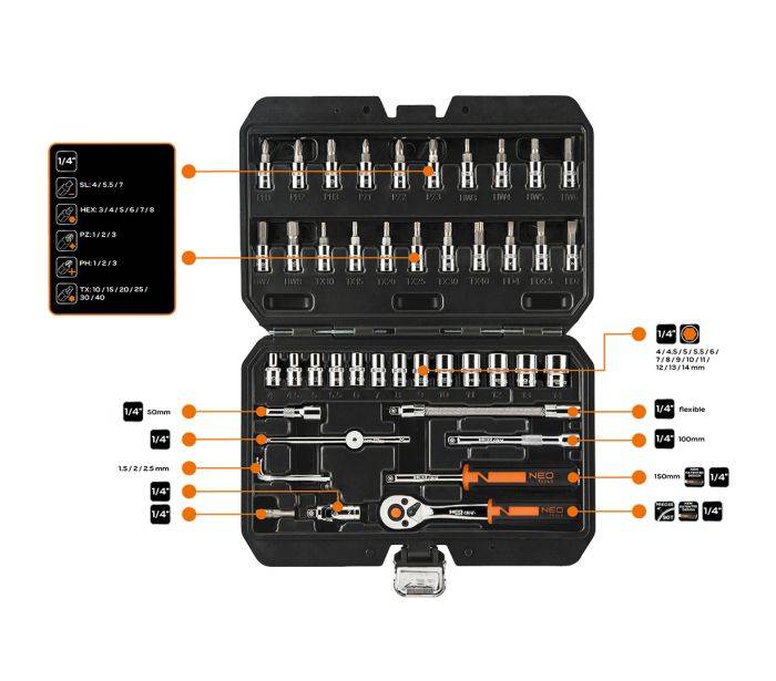 Набір інструментів комбінований 1/4" (головки, головки зі вставкою) 46 од. (хромовані)