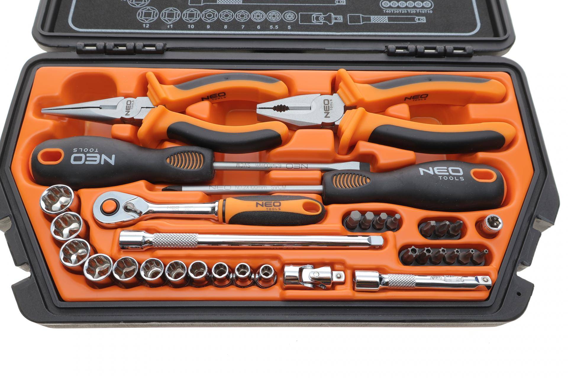 Набір інструменту комбінований 1/4" (головки, біти, викрутки, плоскогубці) 33 од. (хромовані)