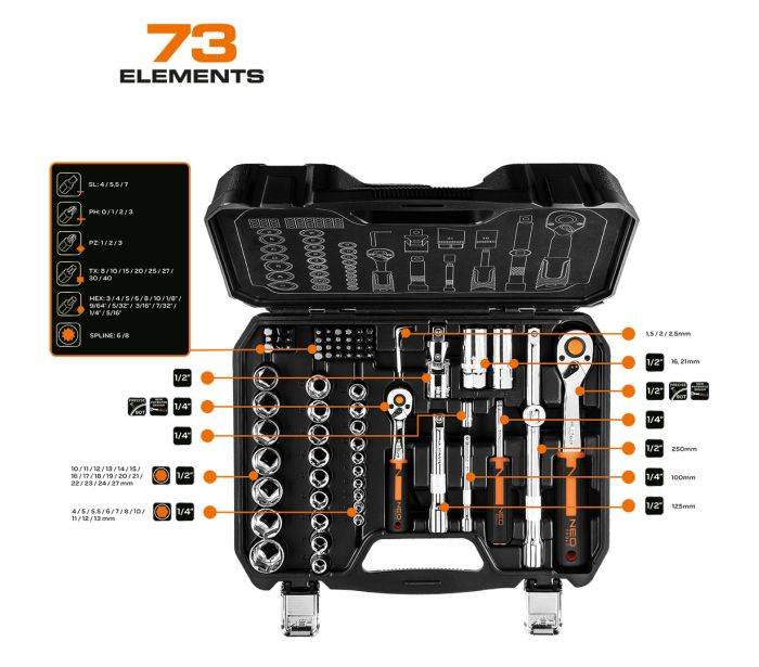 Набір інструментів комбінований 1/2", 1/4" (головки, біти) 73 од. (хромовані)