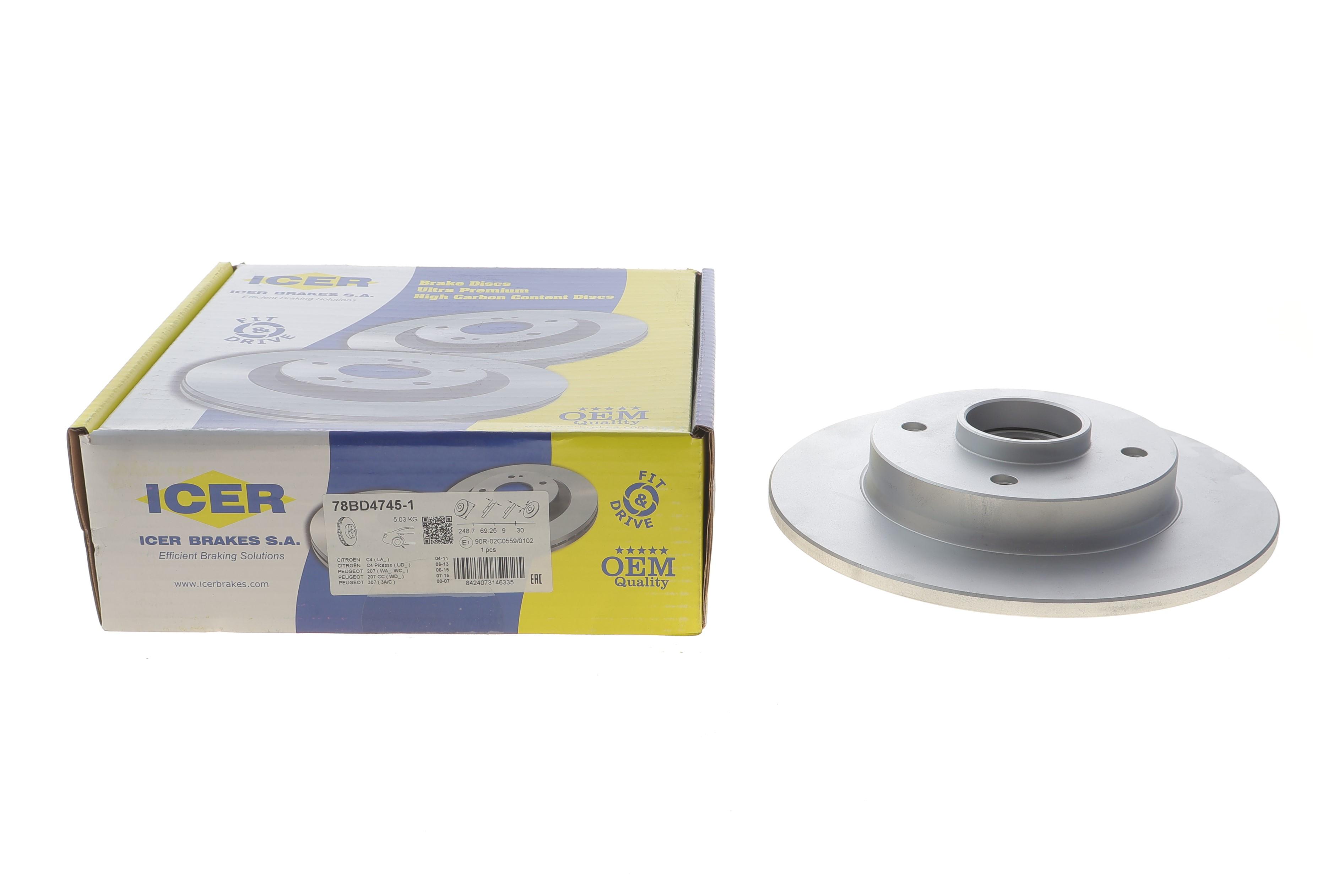 Диск тормозной (задний) Citroen C3 09-/C4/Peugeot 307/207 04-/208 12- (249х9) (+ABS) (с подшипником)