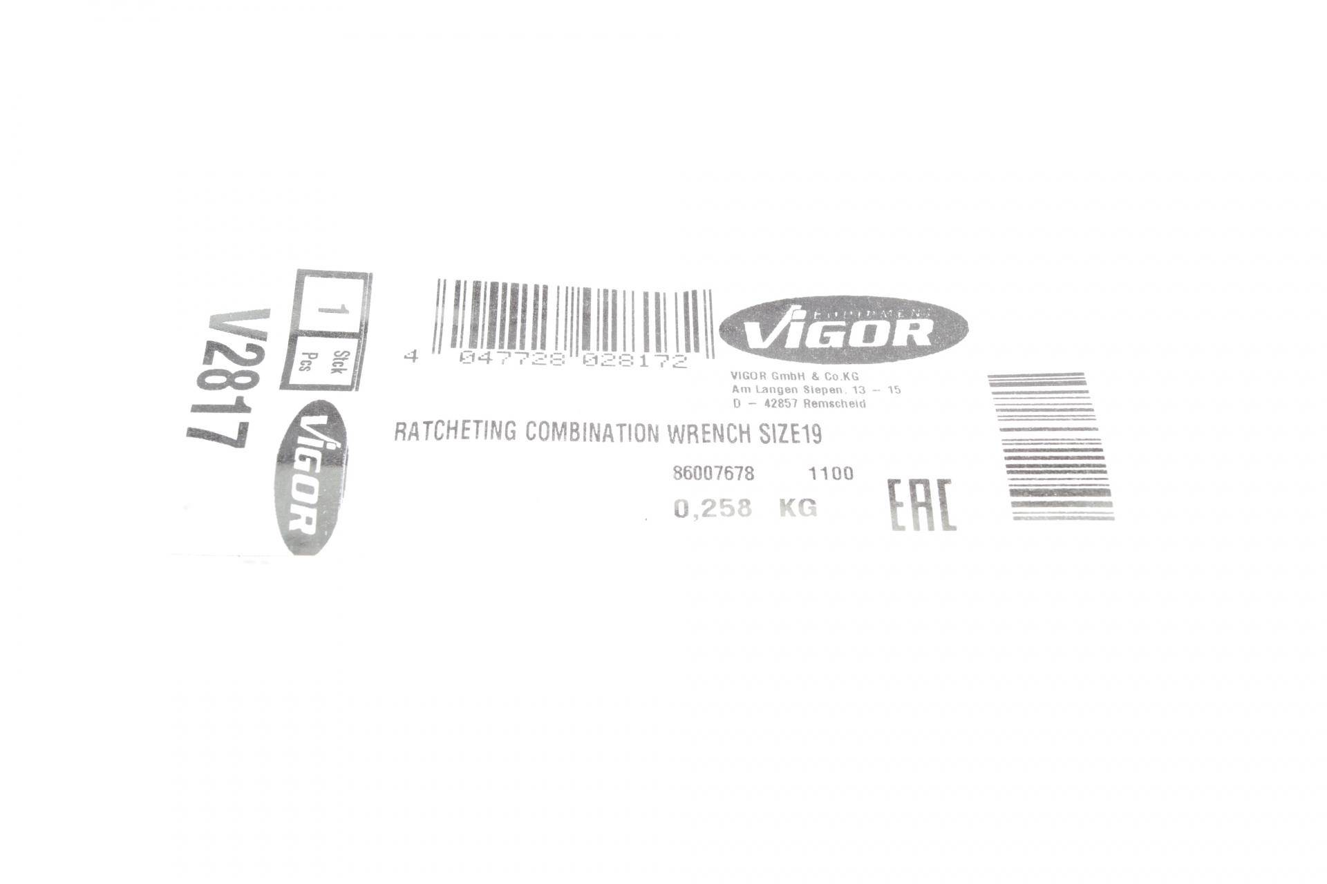 Ключ ріжково-накидний з тріскачкою 19 мм 72 зуб. L-250 мм