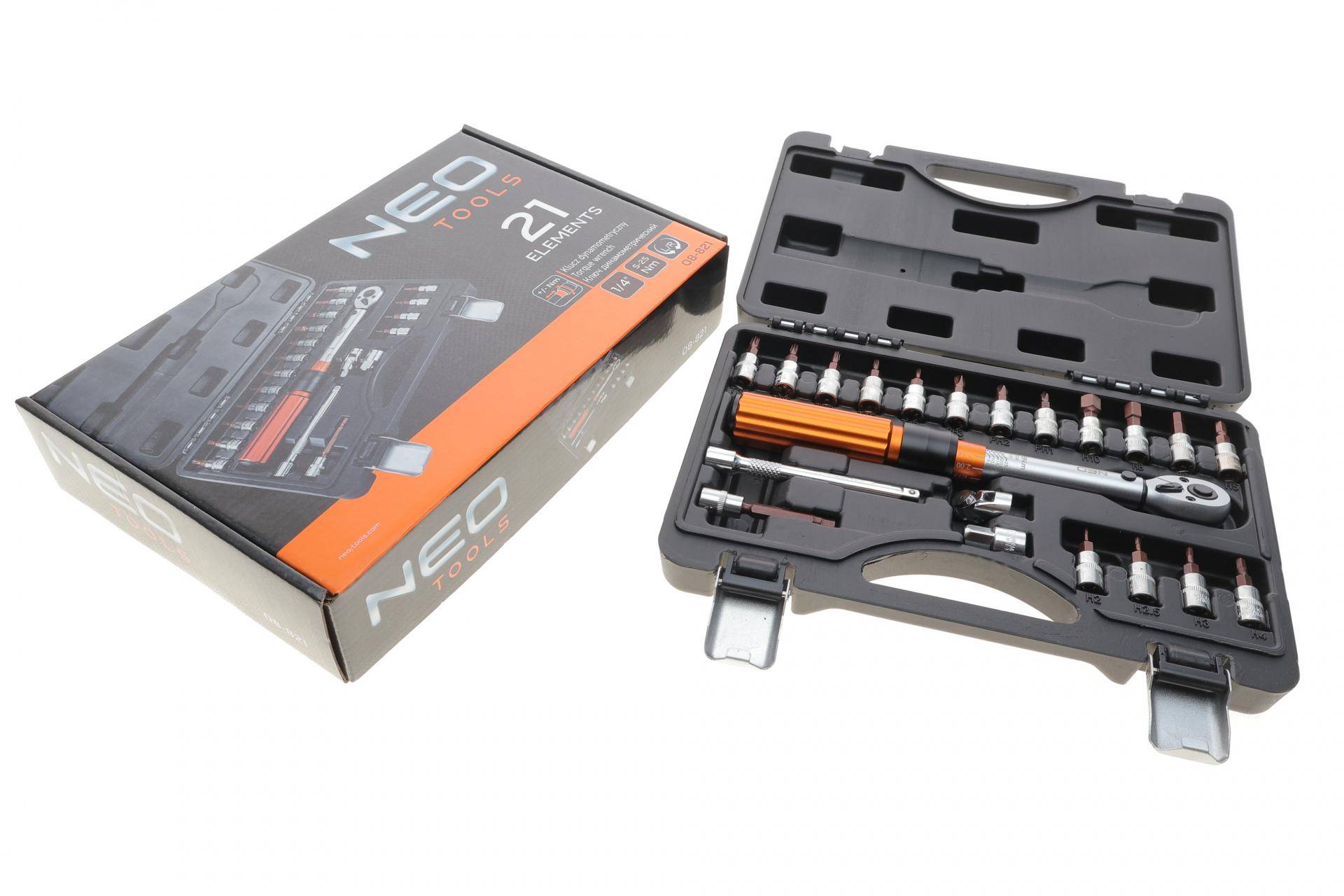 Ключ динамометричний 1/4" 5-25 Нм 240 мм + головки зі вставкою 20 од.