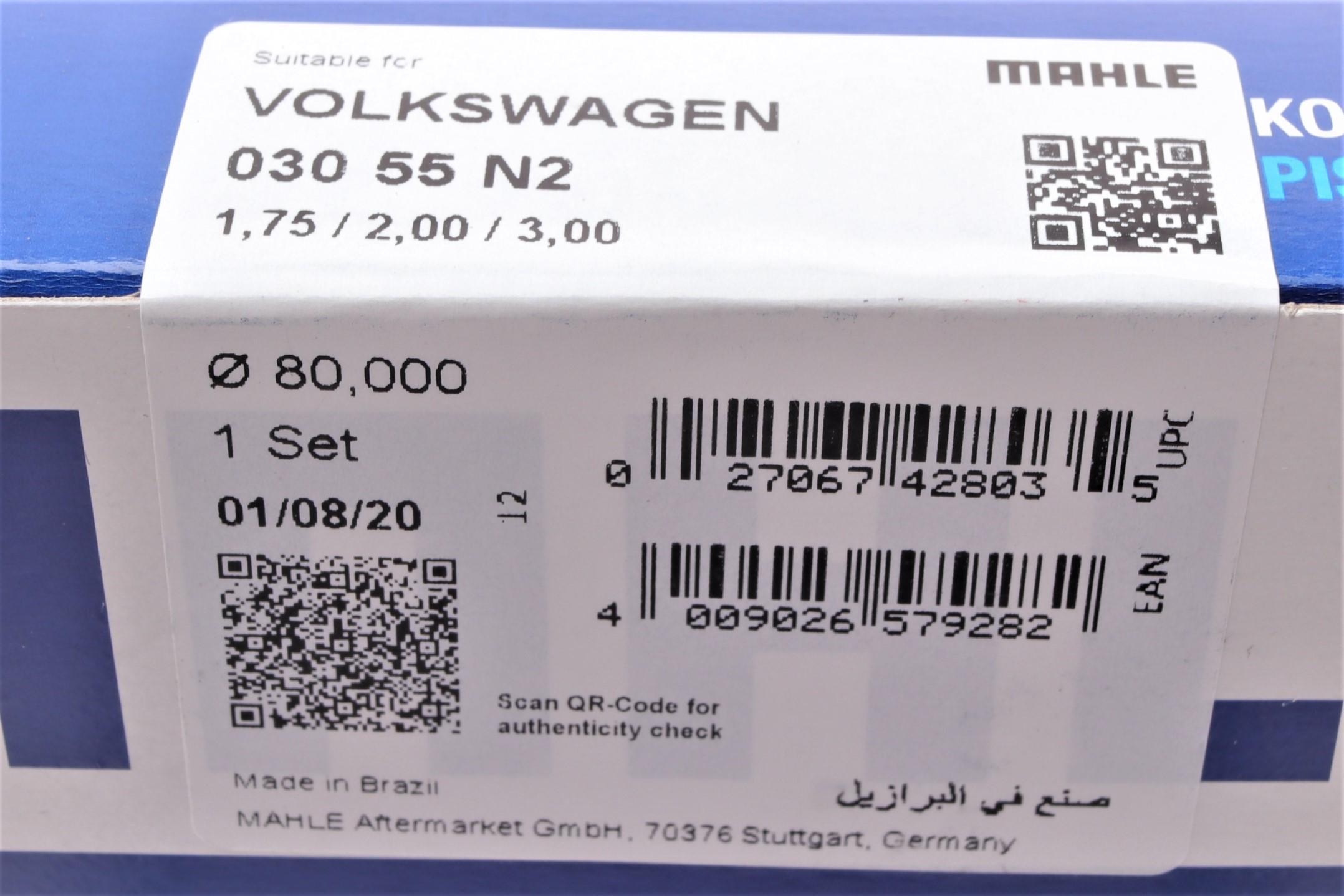 Кольца поршневые VW T4 2.4D/T5 1.9TDI 03-09/Caddy 1.6TDI 10-/1.9TDI 04-10  (80.0mm/+0.5) (1.75-2-3)