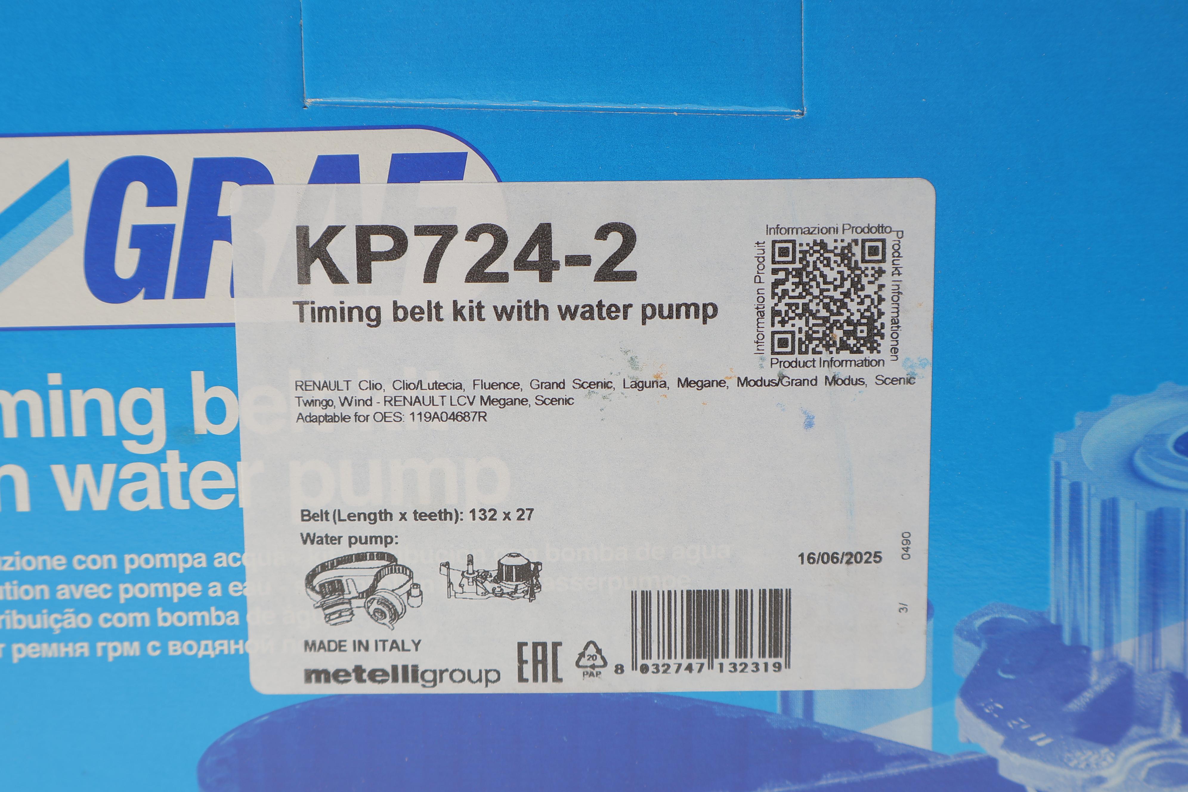 Комплект ГРМ + помпа Renault Clio III/Laguna III/Megane III/ Scenic III 1.6 16V 05- (27x132z) (PA724A)