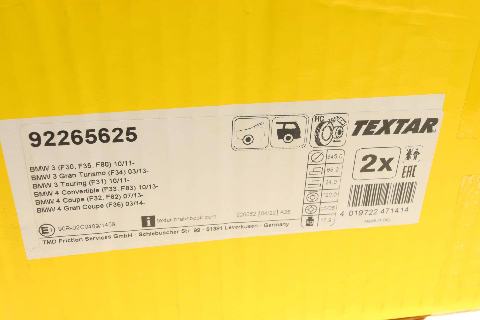 Диск гальмівний (задній) BMW 3 (F30/F80/F34)/4 (F36/F33/F83) 11-(345x24) PRO+