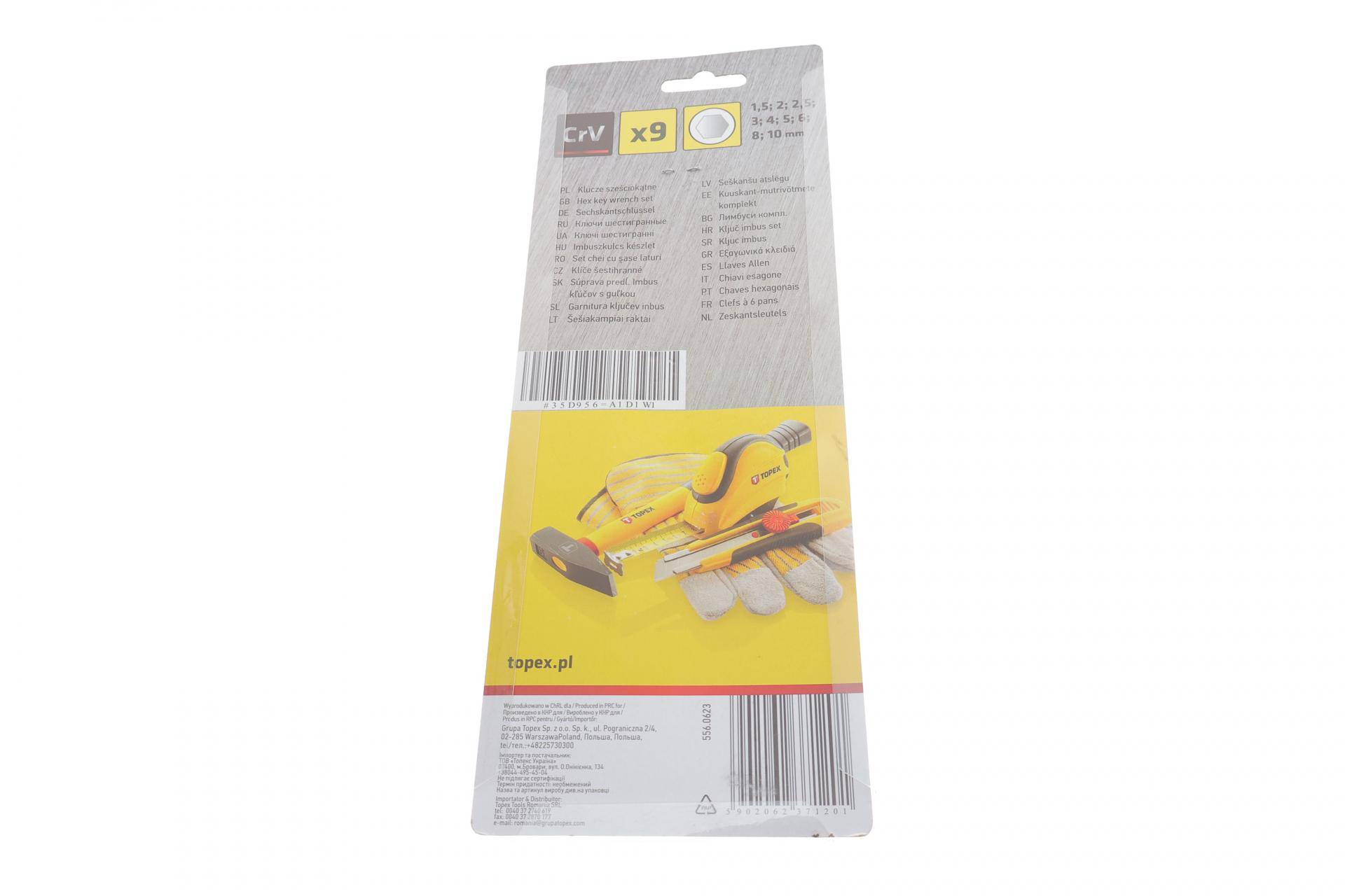 Набір ключів Г-под. Hex 1,5-10 мм