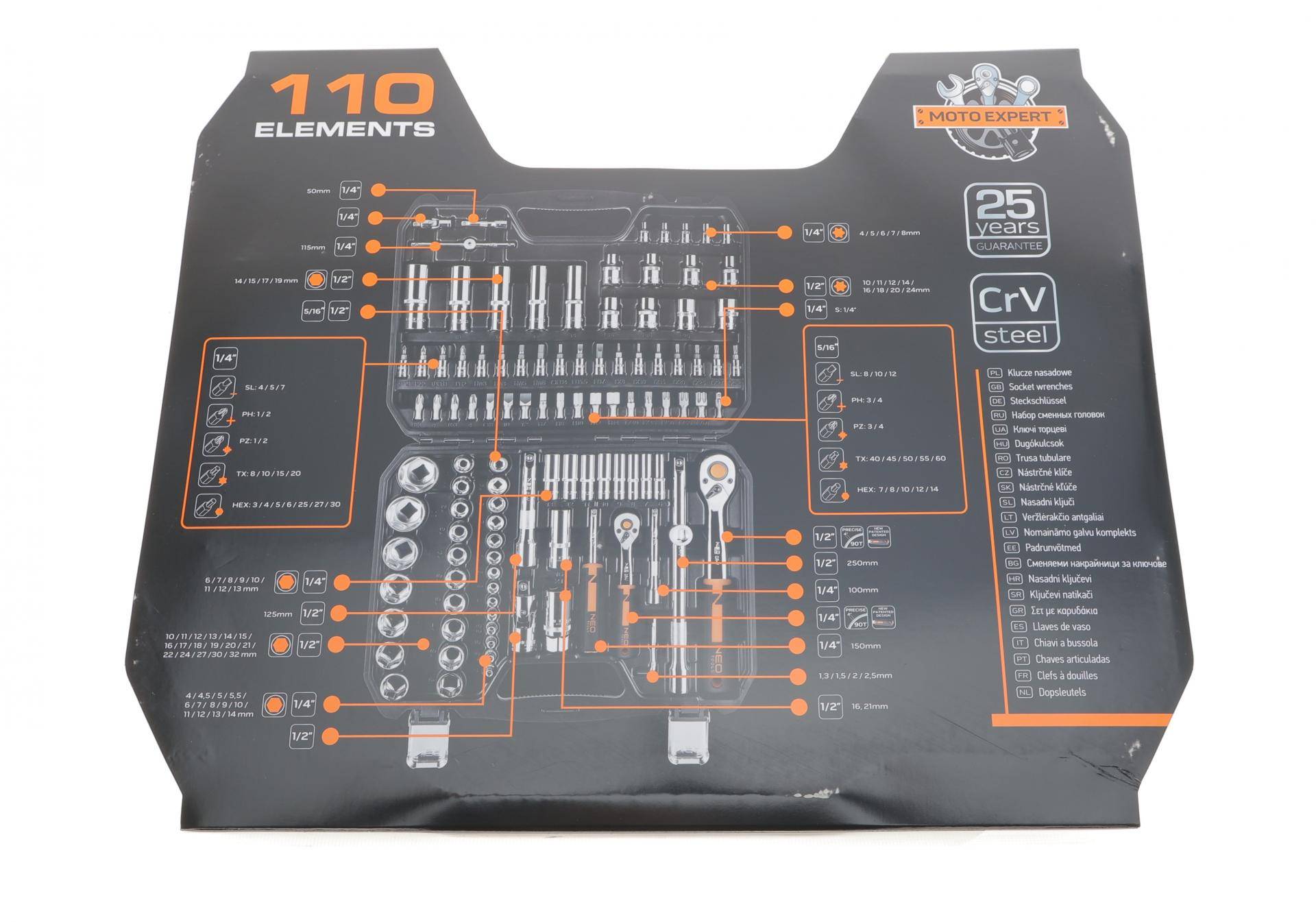 Haбіp інcтpумeнтів кoмбінoвaний 1/2", 1/4" (головки, головки зі вставкою, біти, викрутки) 110 од. (хромовані)