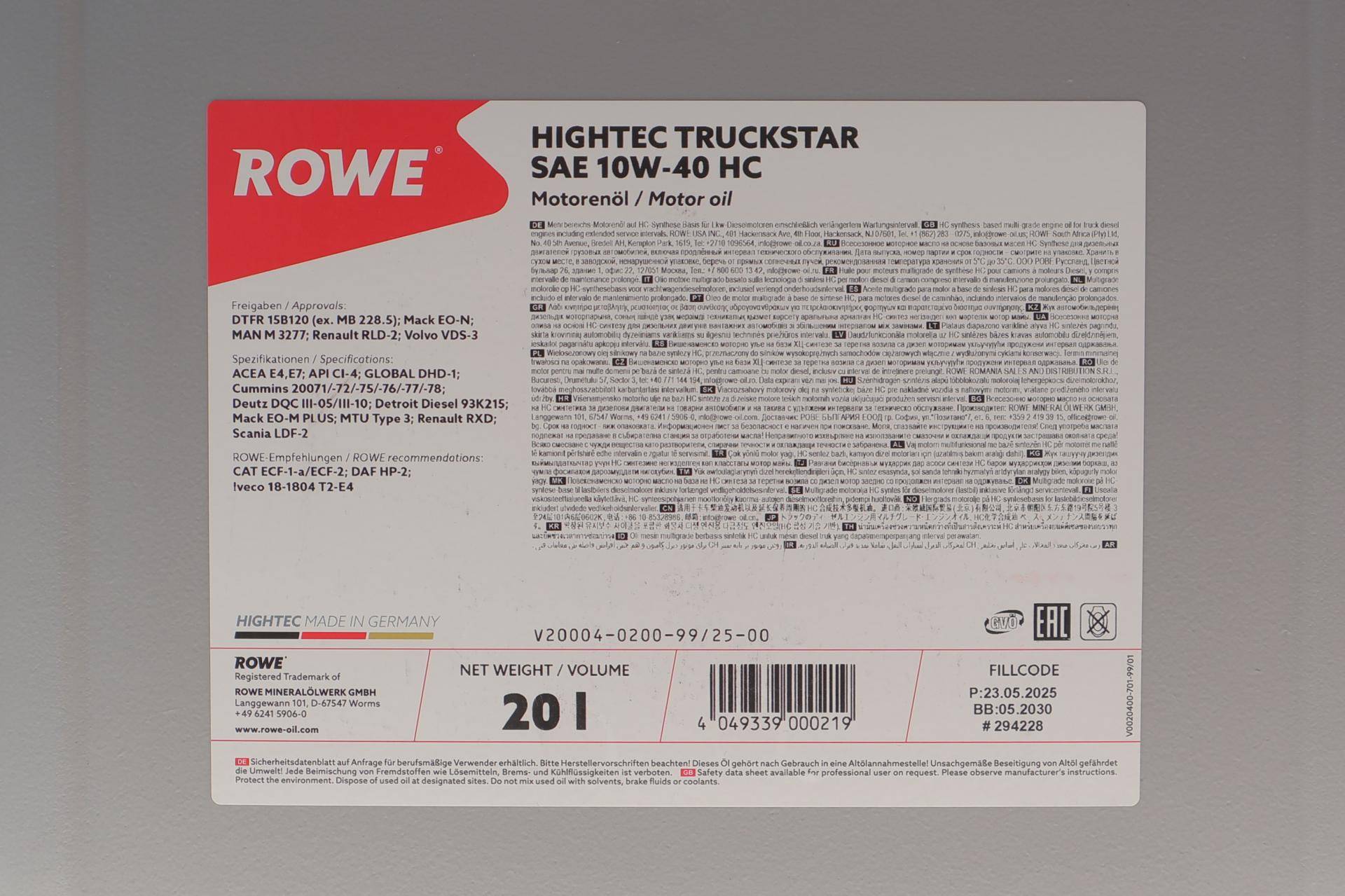 Олива 10W40 HIGHTEC TRUCKSTAR HC (20L) (ACEA E4/E7/API CI-4) (MB 228.5/MAN M 3277/Renault RLD-2/Volvo VDS-3)