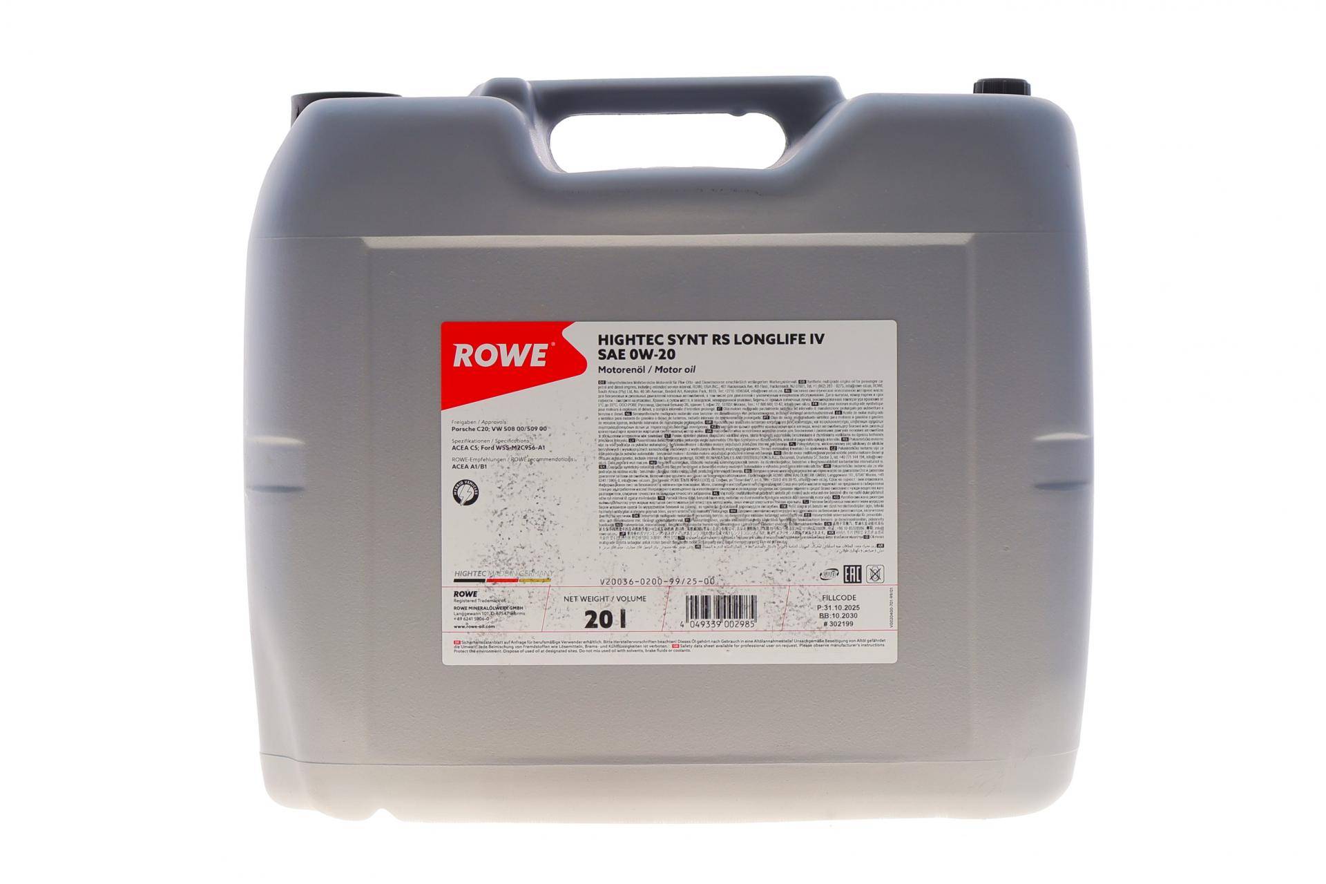 Олива 0W20 HIGHTEC SYNTH RS LONGLIFE IV (20L) (Porsche C20/VW 508 00/509 00) (ACEA A1/B1/C5)