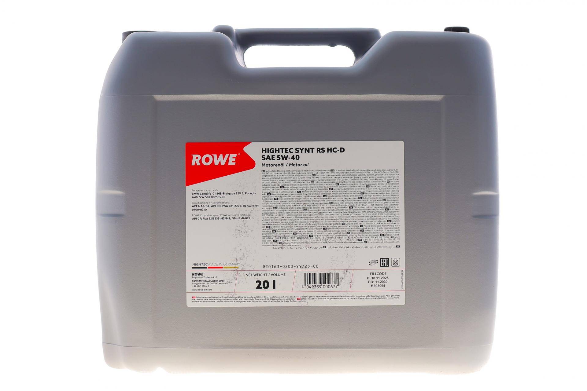 Олива 5W40 HIGHTEC SYNT RS HC-D (20L) (BMW LL-01/MB 229.5/Porsche A40/VW 502 00/505 00)