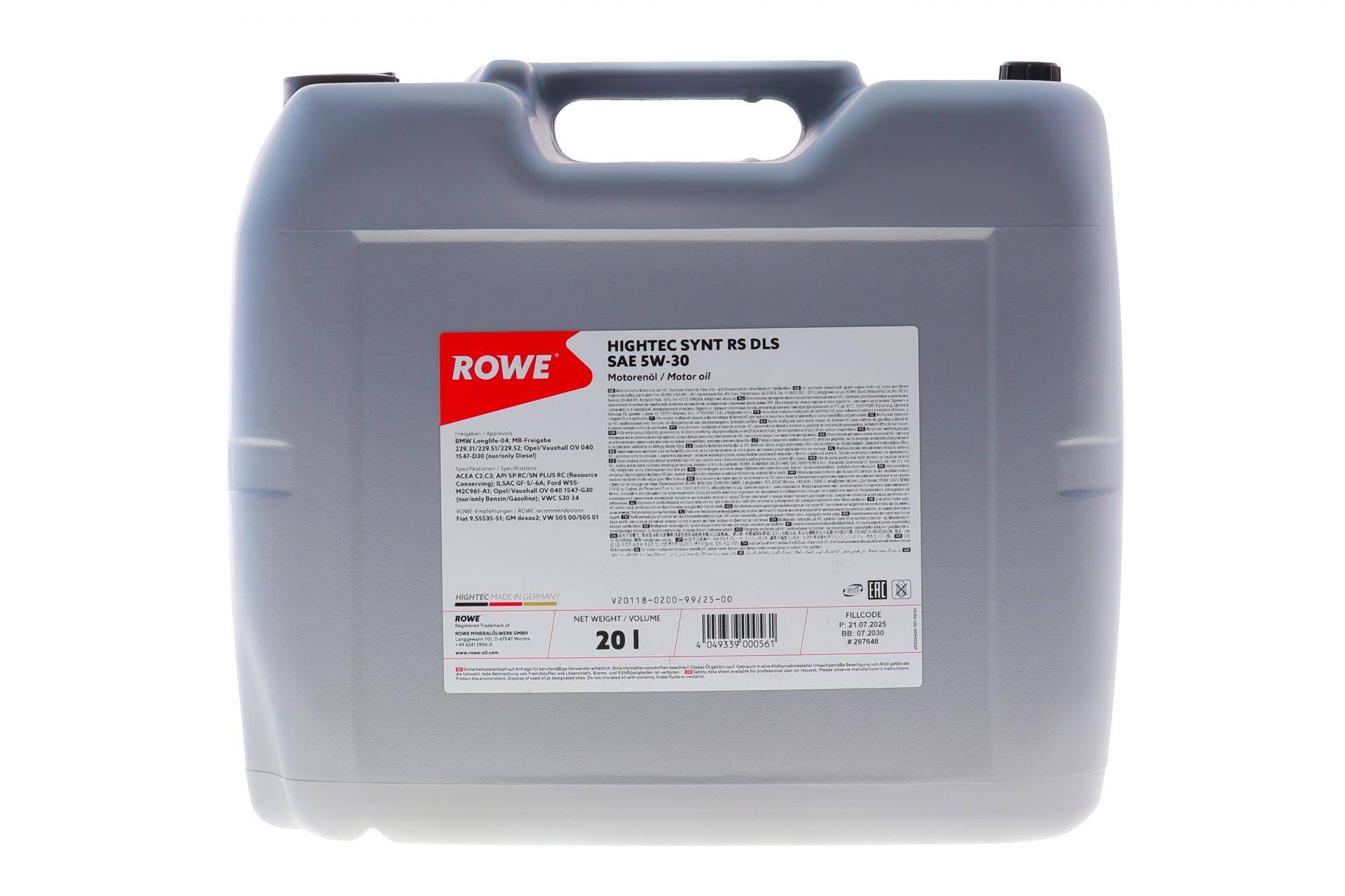 Олива 5W30 HIGHTEC SYNT RS DLS (20L) (MB 229.31/229.51/MB 229.52/BMW LL-04) ACEA C2,C3/API SN