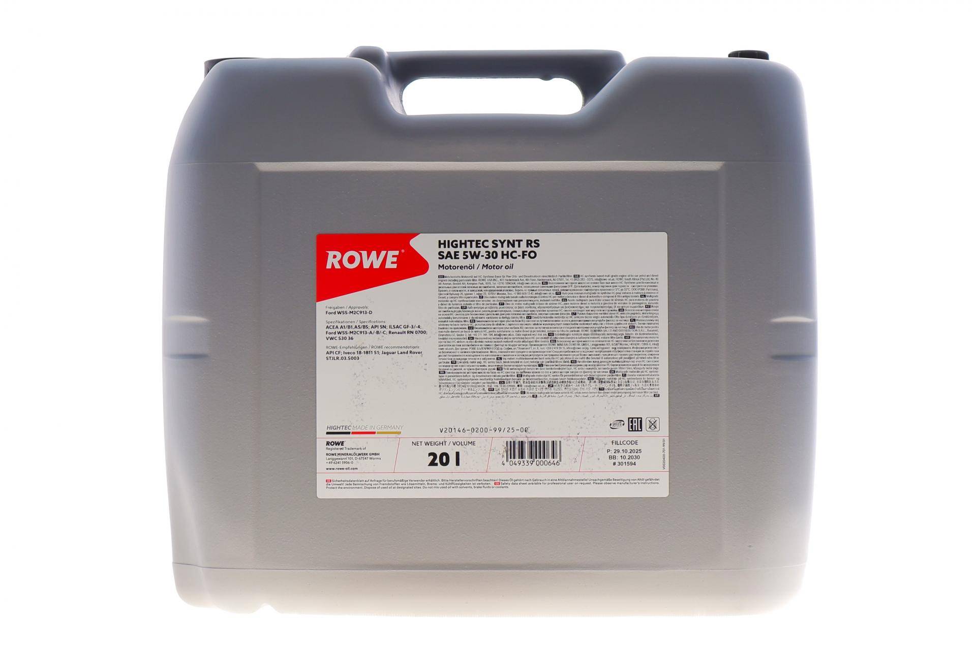 Олива 5W30 HIGHTEC SYNT RS HC-FO (20L) (WSS-M2C913-D/ILSAC GF-3/-4/RN 0700/18-1811 S1/STJLR.03.5003)