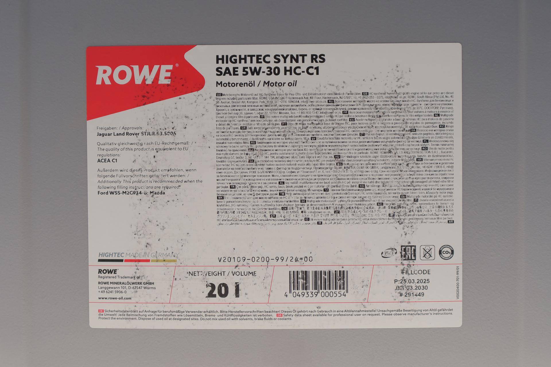 Олива 5W30 HIGHTEC SYNT RS HC-C1 (20L) (Jaguar Land Rover STJLR.03.5005/Ford WSS-M2C934-B/Mazda)