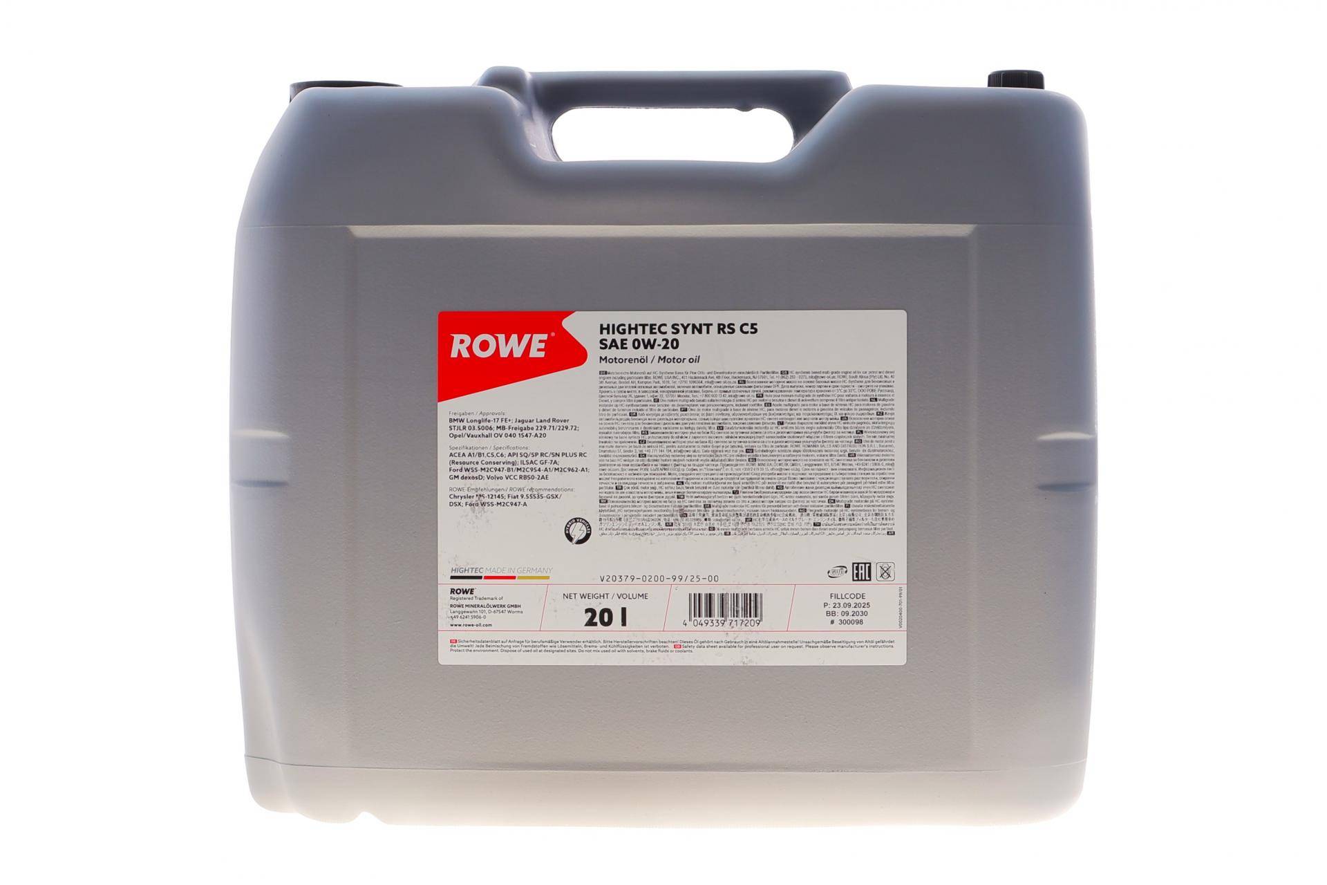 Олива 0W20 HIGHTEC SYNT RS C5 (20L) (MB 229.72/BMW LL-17 FE+/Ford WSS-M2C947-A/B1)