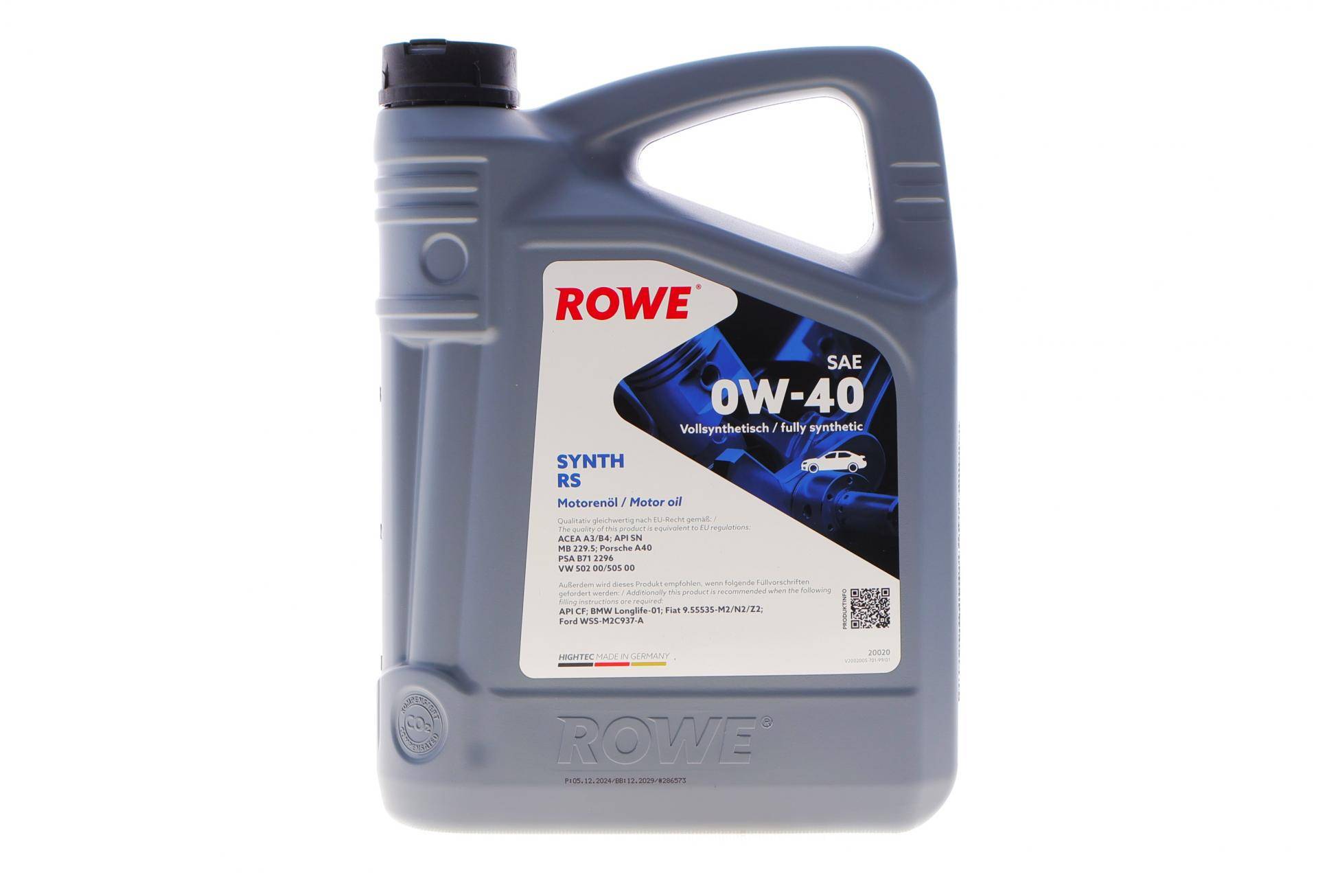 Олива 0W40 HIGHTEC SYNTH RS (4L) (MB 229.5/Porsche A40/VW 502 00/505 00) (ACEA A3/B4) (API SN/CF)