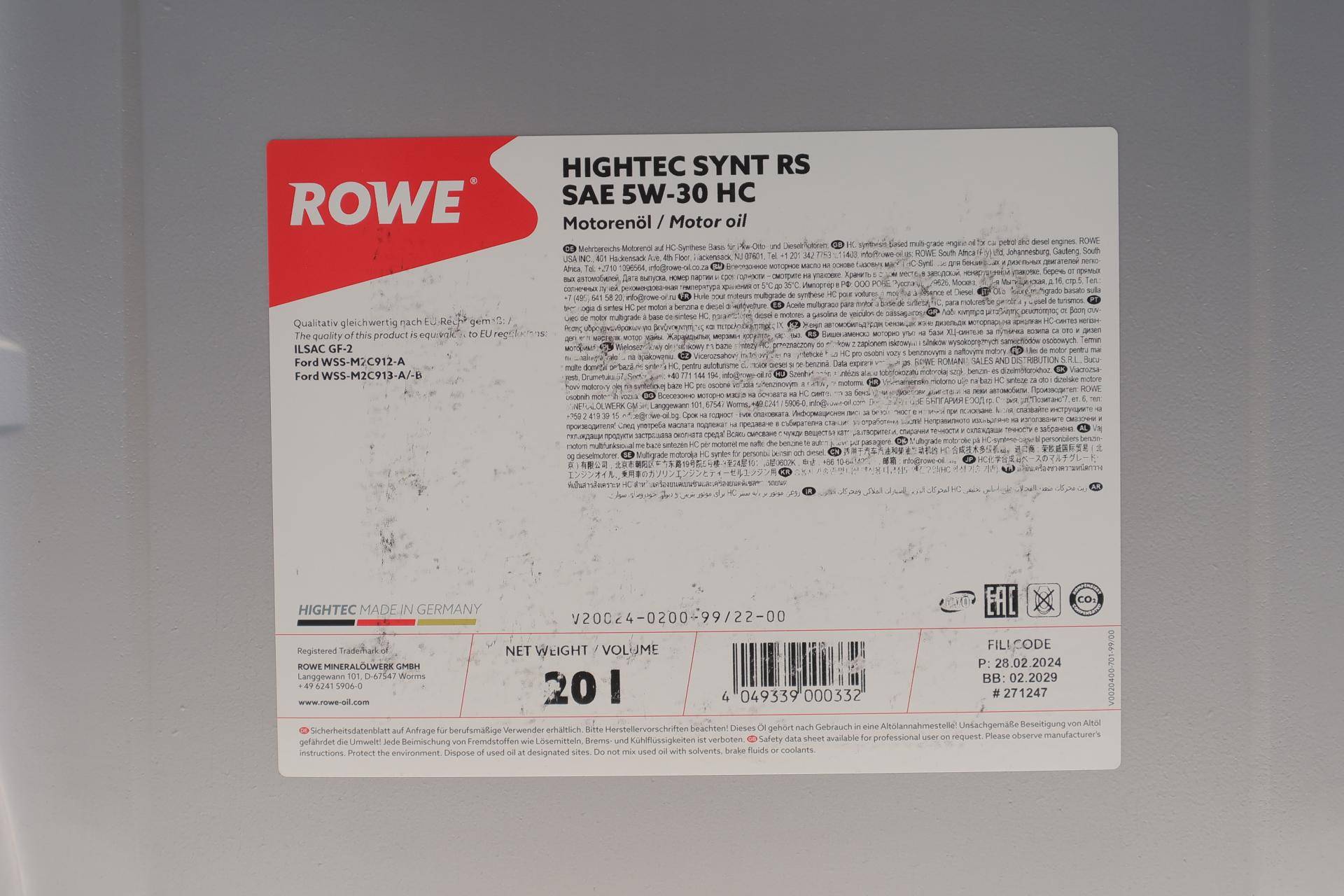 Олива 5W30 HIGHTEC SYNT RS HC (20L) (ILSAC GF-2/WSS-M2C912-A/WSS-M2C913-A/-B)