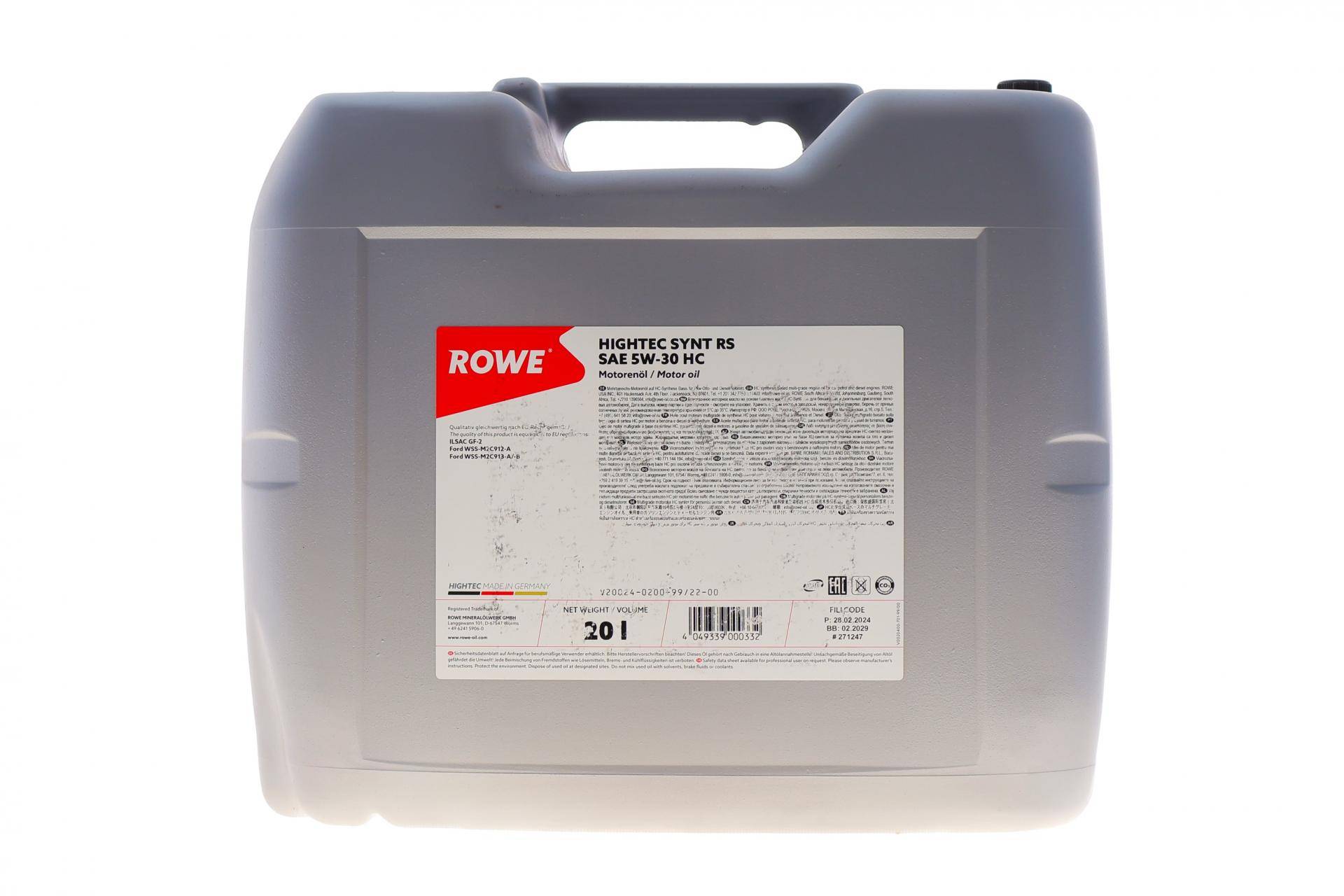 Олива 5W30 HIGHTEC SYNT RS HC (20L) (ILSAC GF-2/WSS-M2C912-A/WSS-M2C913-A/-B)