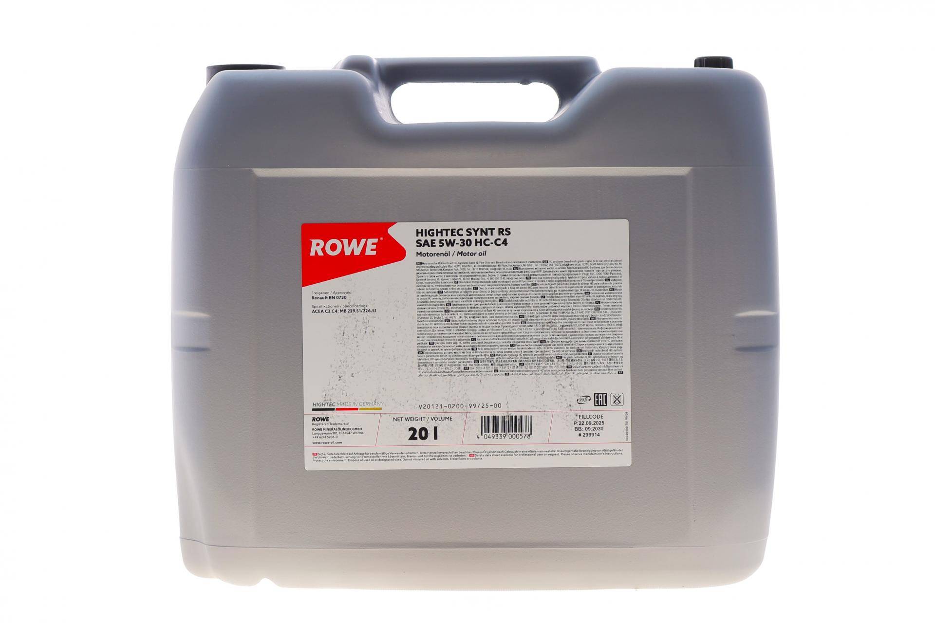 Олива 5W30 HIGHTEC SYNT RS HC-C4 (20L) (RN 0720/MB 229.51/MB 226.51) (ACEA C3,C4)