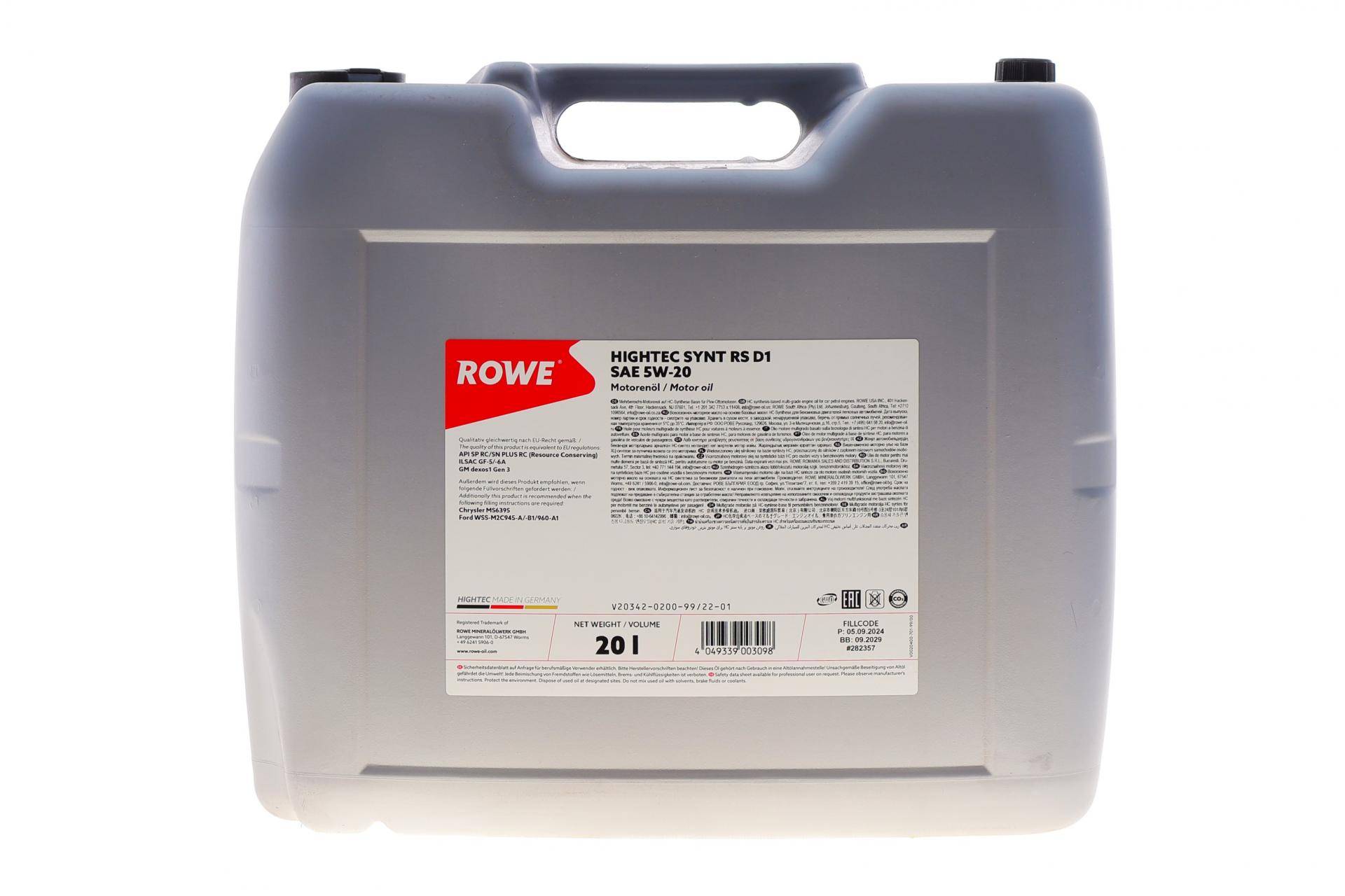Олива 5W20 HIGHTEC SYNT RS D1 (20L) (WSS-M2C945-A/-B1/960-A1/MS6395/dexos1 Gen 2)(API SP RC/SN PLUS RC