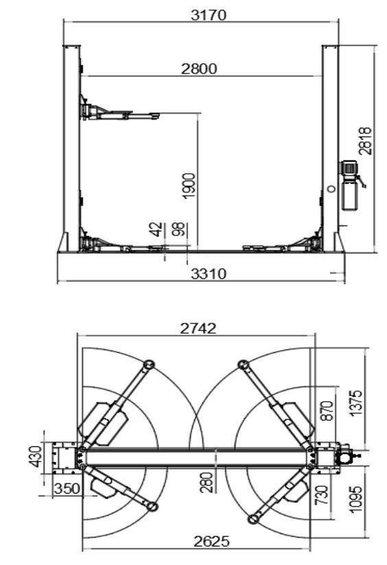 Підйомник двостійковий 4000 кг 230В нижньою синхронізацією (без монтажу)