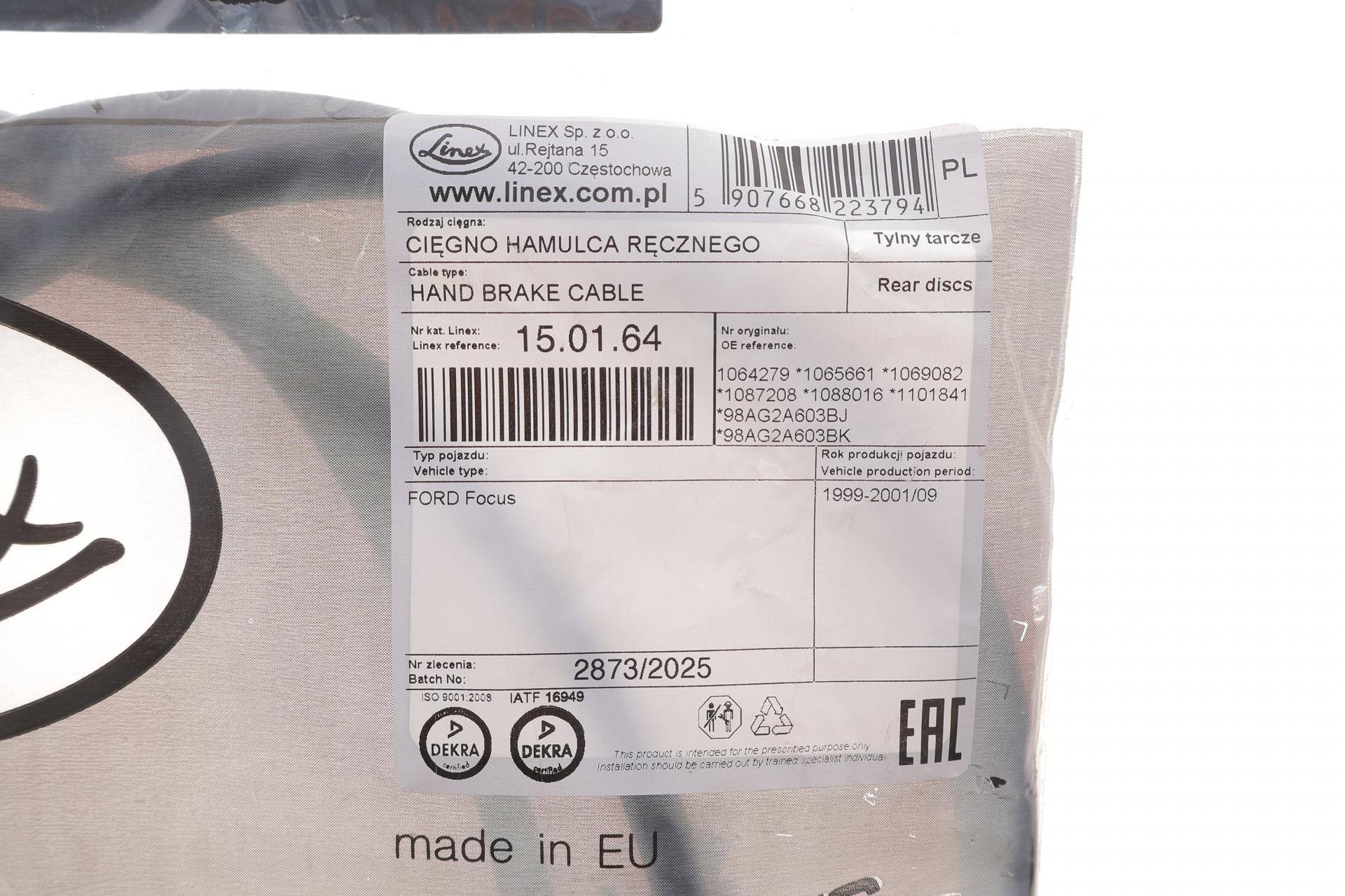 Трос ручника Ford Focus 1.4-2.0 16V 98-04 (2x1765/1585mm) (к-кт 2 шт.)