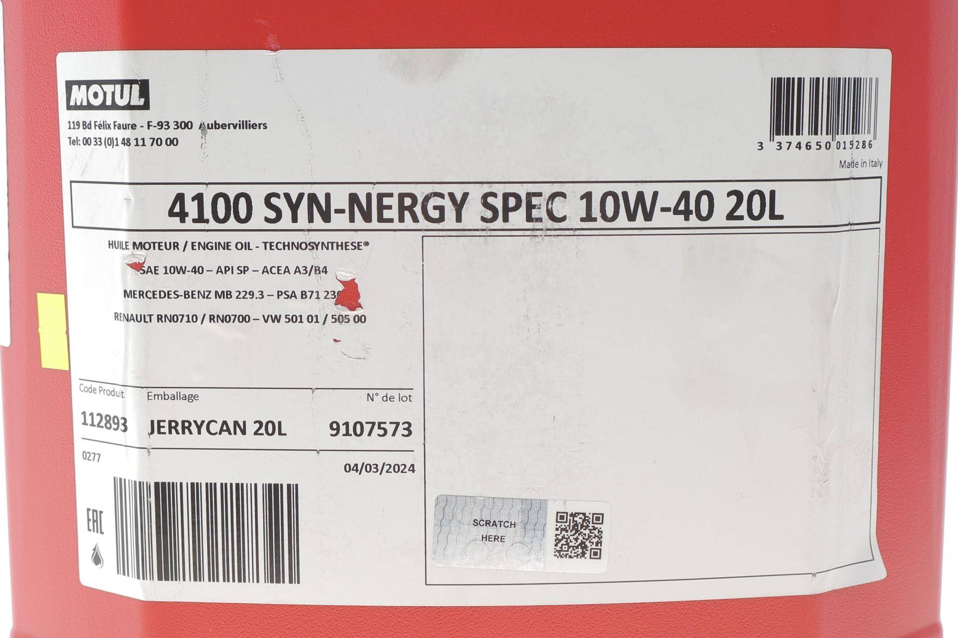 Олива 10W40 4100 Syn-nergy Spec (20L) (MB 229.3/RN0710/RN0700/PSA B71 2300/VW 501 01/VW505 00) (112893)