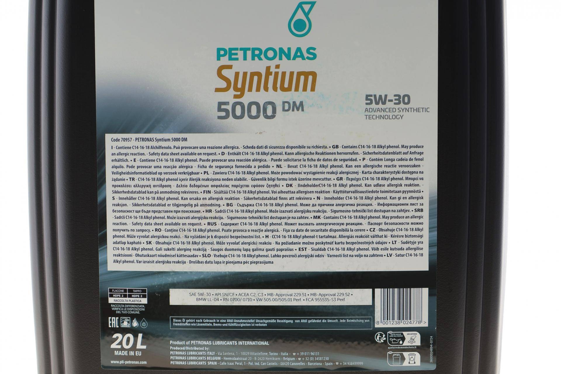 Олива 5W30 SYNTIUM 5000 DM (20L) (MB 229.51/MB 229.52/VW 505.00/505.01/LL-04/RN0700/RN0710)