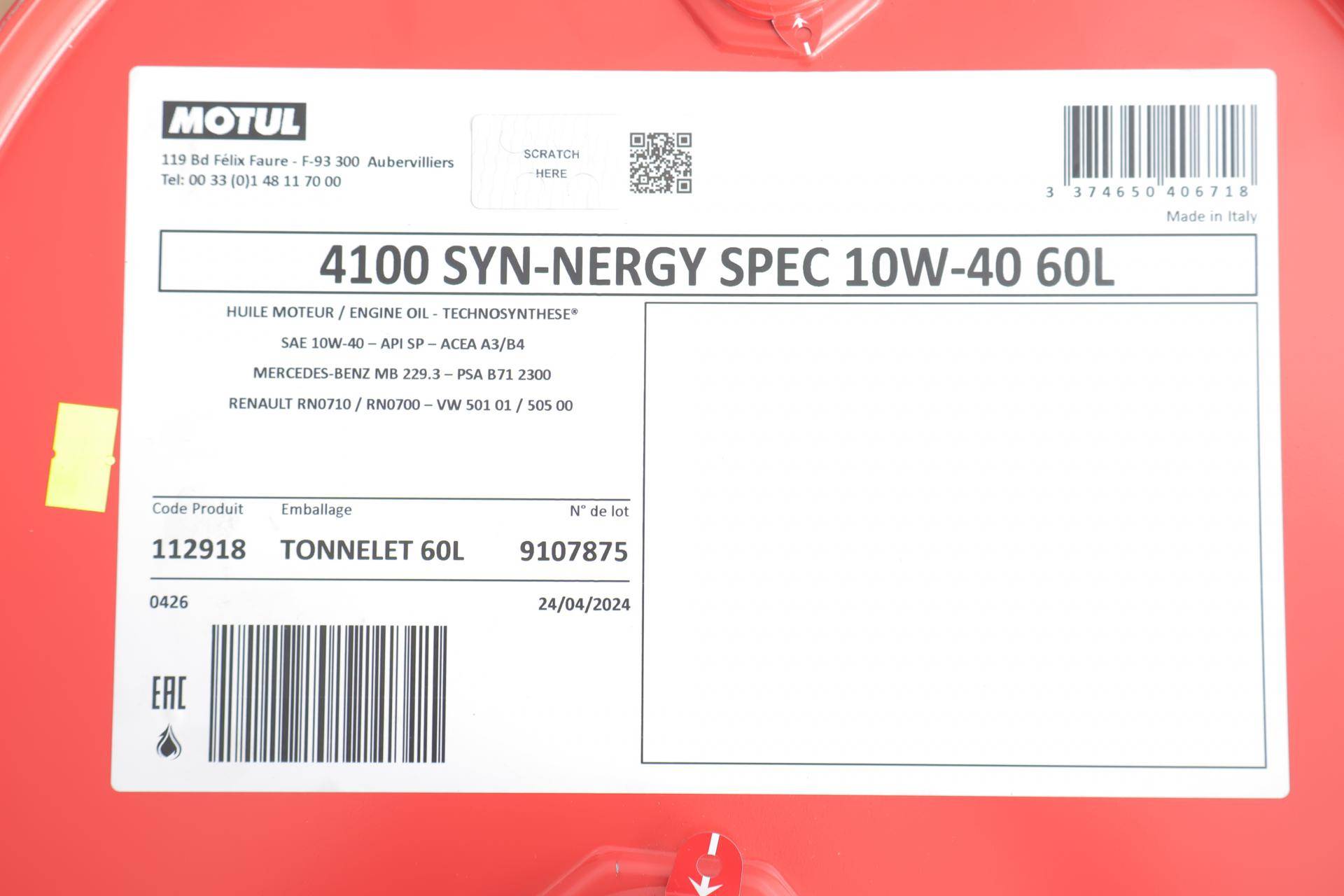 Олива 10W40 4100 Syn-nergy Spec (60L) (MB 229.3/RN0710/RN0700/PSA B71 2300/VW 501 01/VW505 00) (112918)