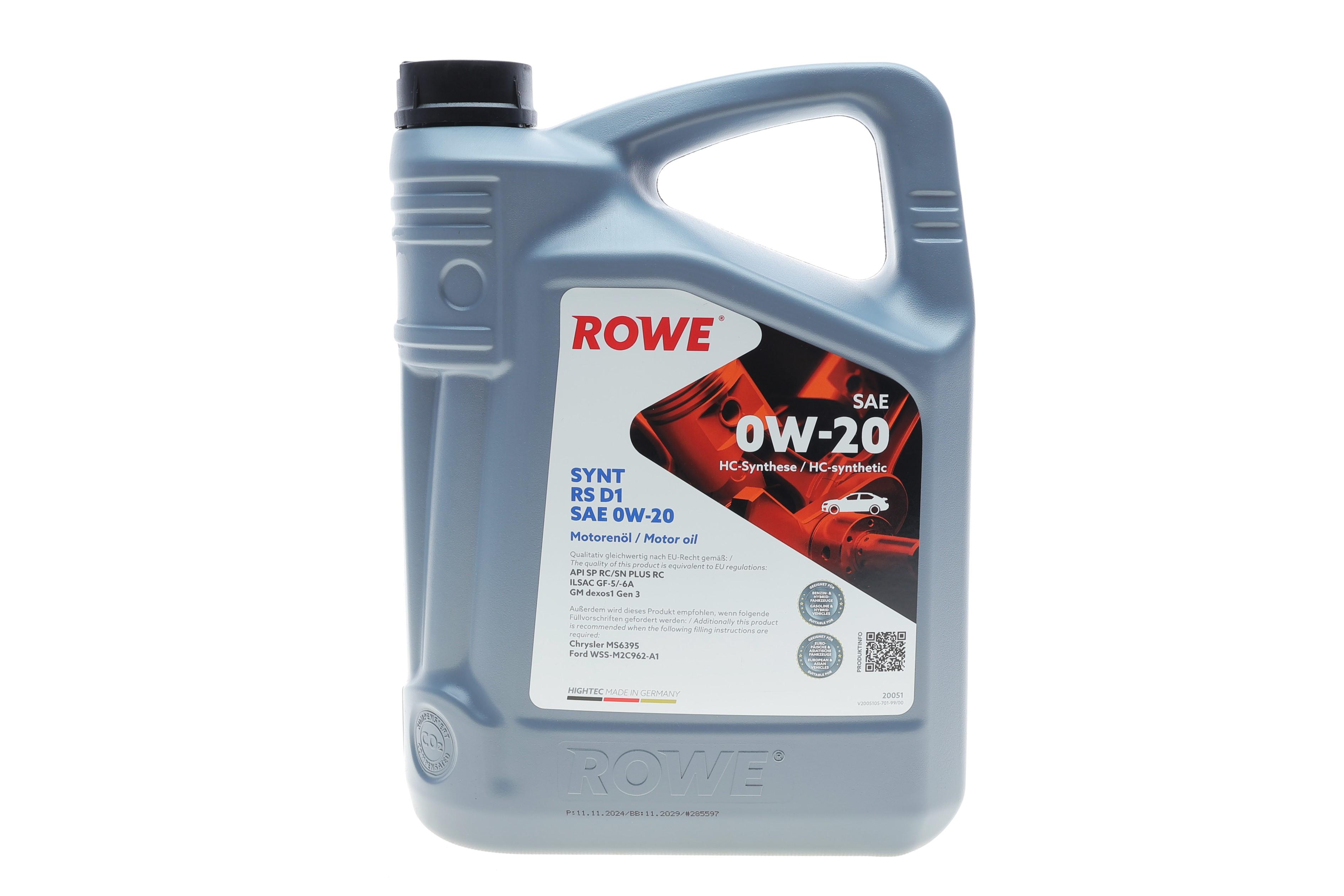 Олива 0W20 HIGHTEC SYNT RS D1 (5L) (API SP RC/SN PLUS RC)(GM dexos1 Gen 3/Ford WSS-M2C962-A1)