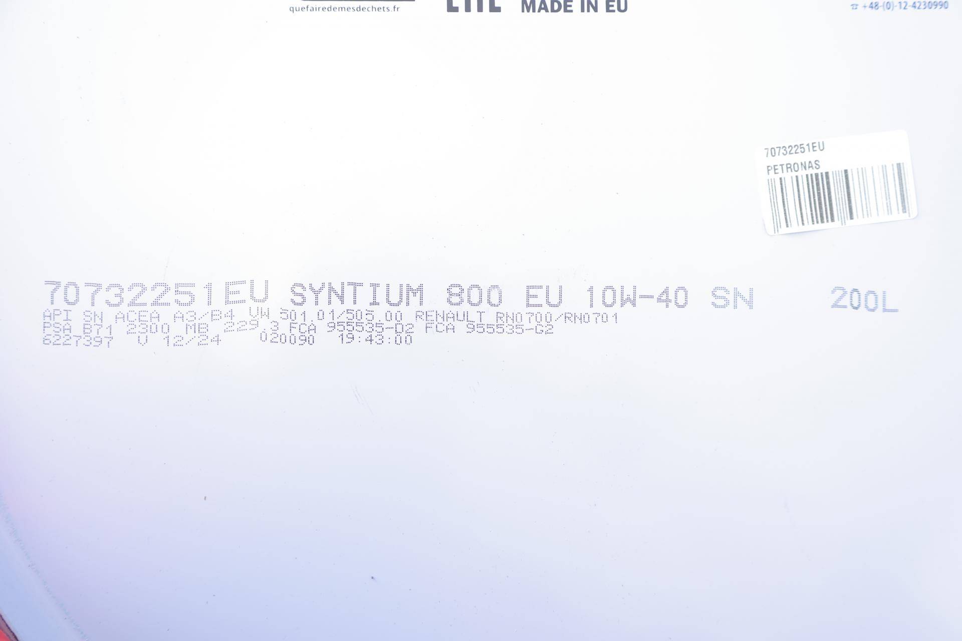 Олива 10W40 SYNTIUM 800 EU (200L) (ACEA A3/B4/ API SN/MB 229.3/VW 501.01/505.00/RN0700/RN0710)(з-на 71244251EU)