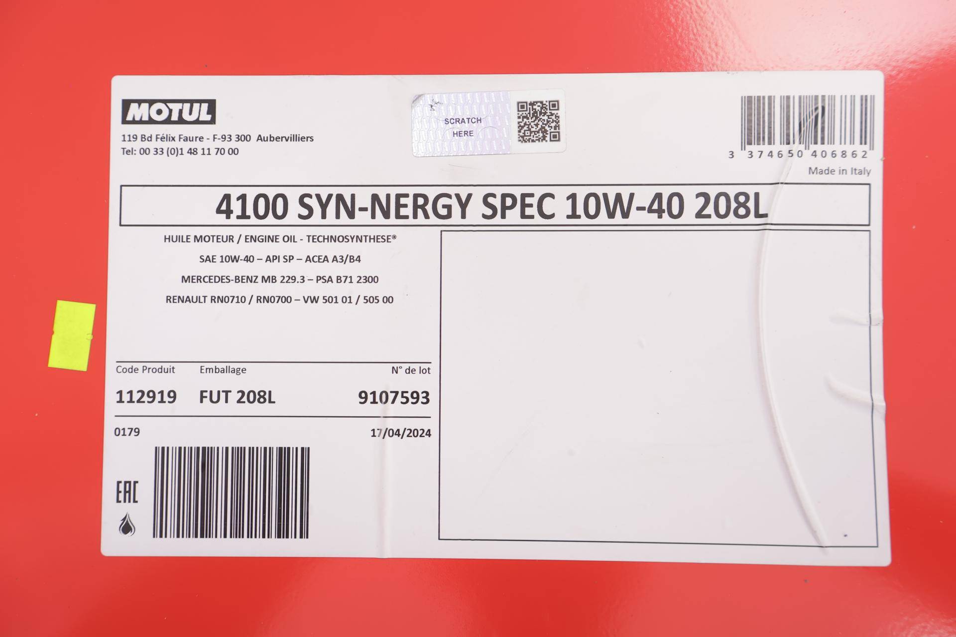 Олива 10W40 4100 Syn-nergy Spec (208L) (MB 229.3/RN0710/RN0700/PSA B71 2300/VW 501 01/VW505 00) (112919)