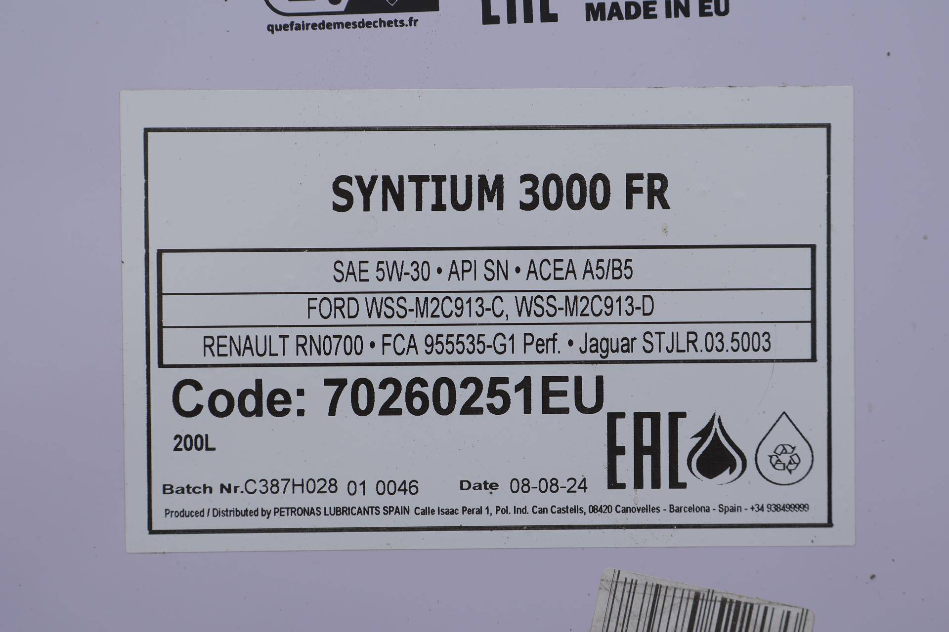 Олива 5W30 SYNTIUM 3000 FR (200L) (WSS-M2C 913-C/913-D/RN0700/STJLR.03.5003)