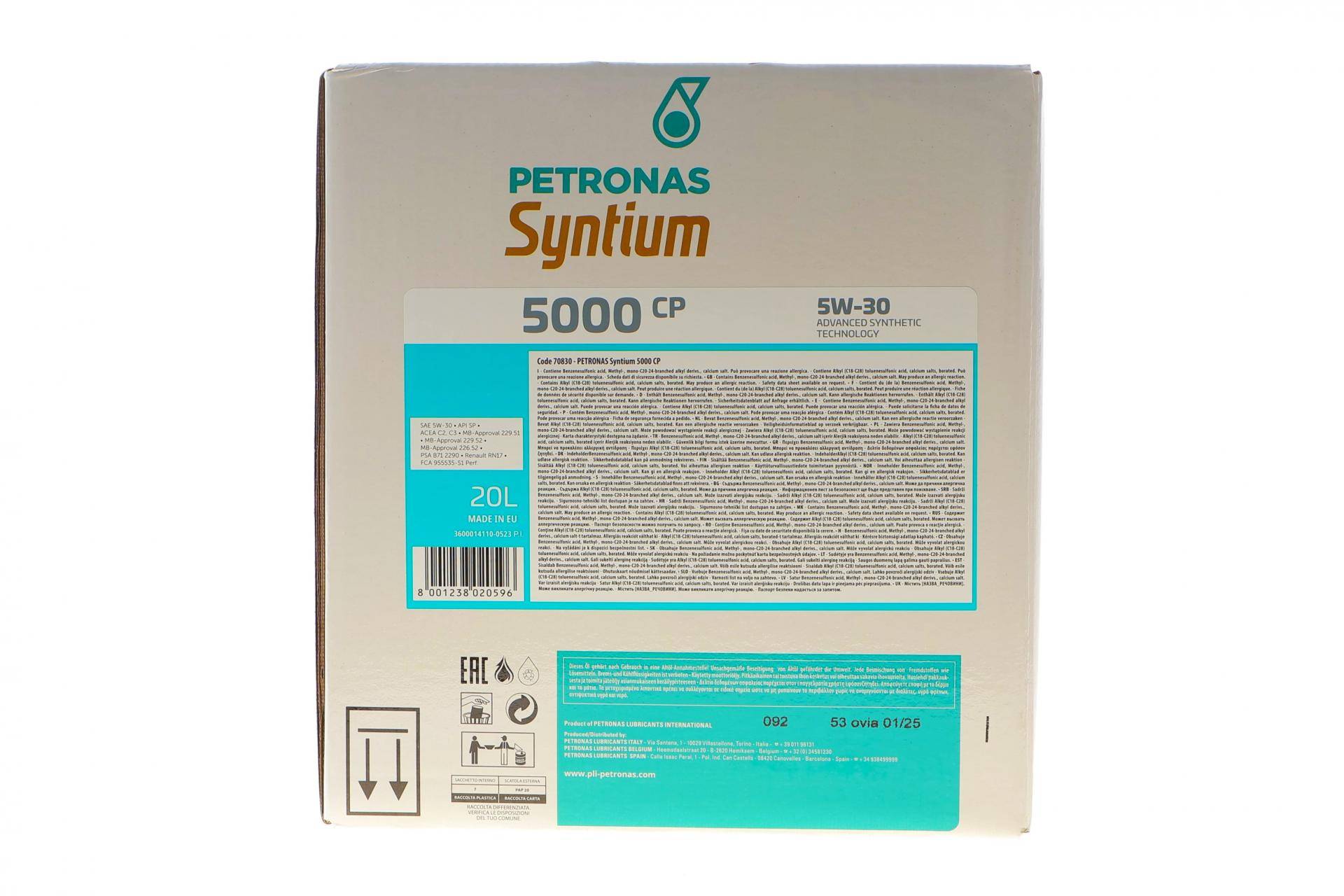 Олива 5W30 SYNTIUM 5000 CP (20L) (MB229.51/MB229.52/MB226.52/Renault RN17/PSA B71 2290) упаковка BiB