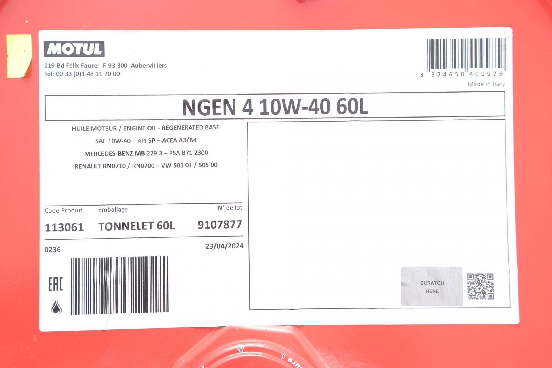 Олива 10W40 NGEN 4 (60L) (MB 229.3/RN0710/RN0700/PSA B71 2300/VW 501 01/VW505 00) (113061)