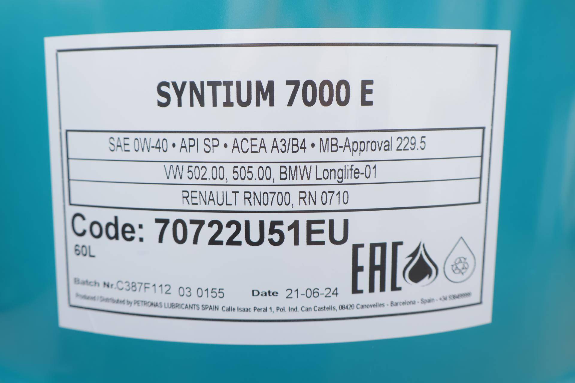 Олива 0W40 SYNTIUM 7000 E (60L) (MB 229.5/MB 229.3/VW 502.00/505.00/LL-01/RN0710/Ford WSS-M2C937-A)